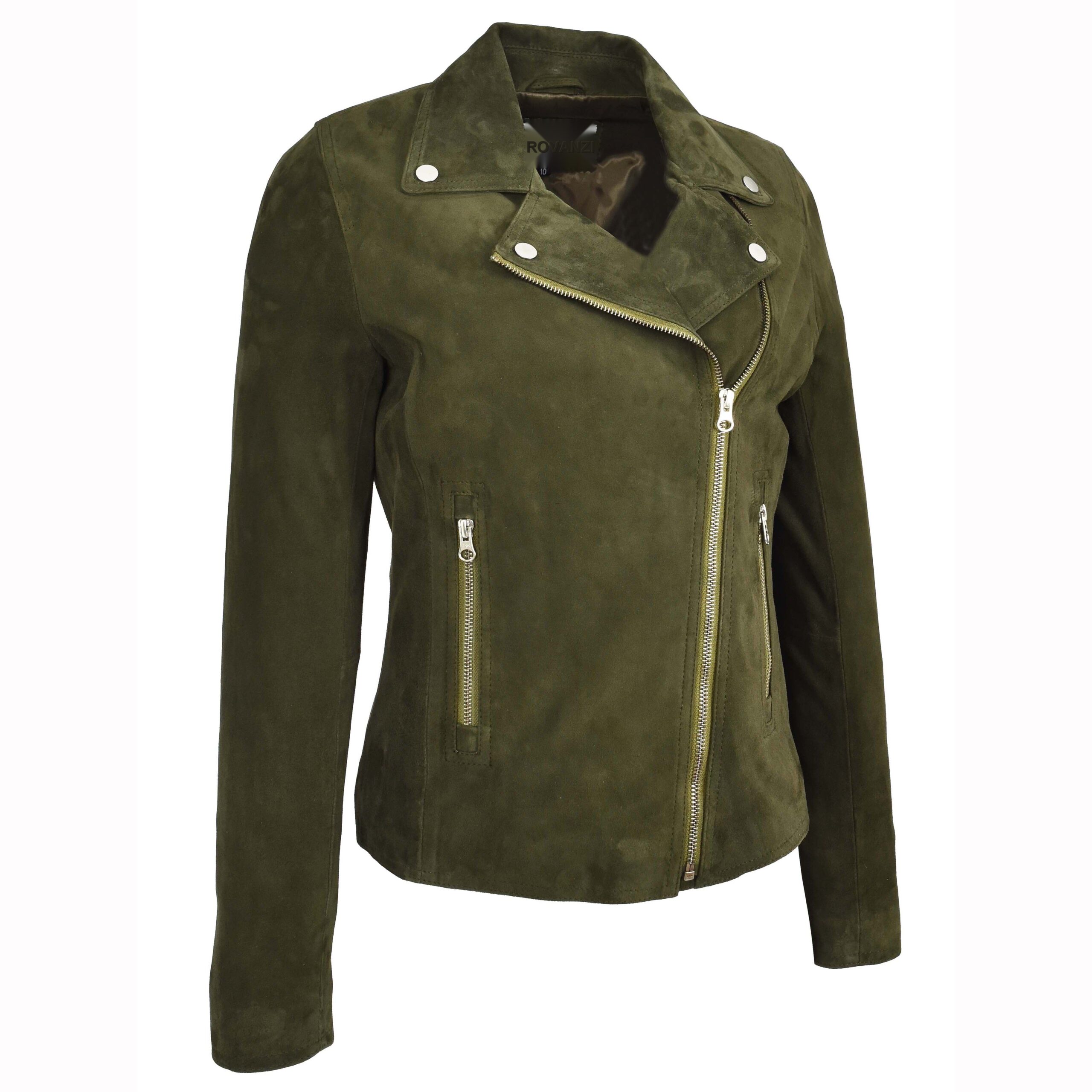 BUNERI Veste Biker en Daim de Chevre Authentique pour Femme Vert Olive – Image 4