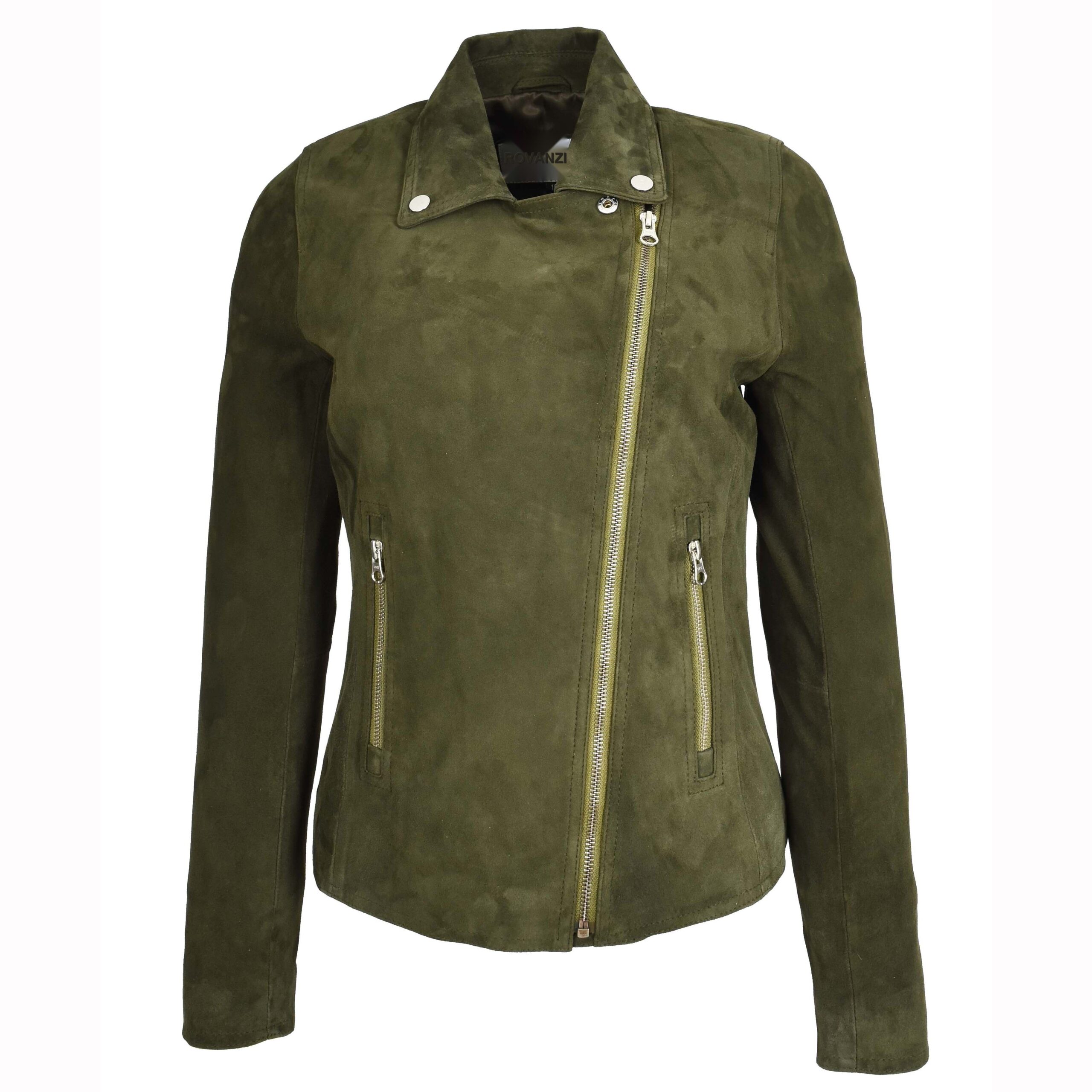 BUNERI Veste Biker en Daim de Chevre Authentique pour Femme Vert Olive – Image 3