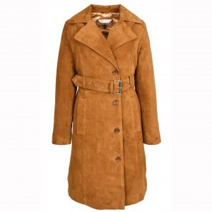 BUNERI Trench en Daim de Chèvre pour Femme 3/4 Cognac avec Ceinture