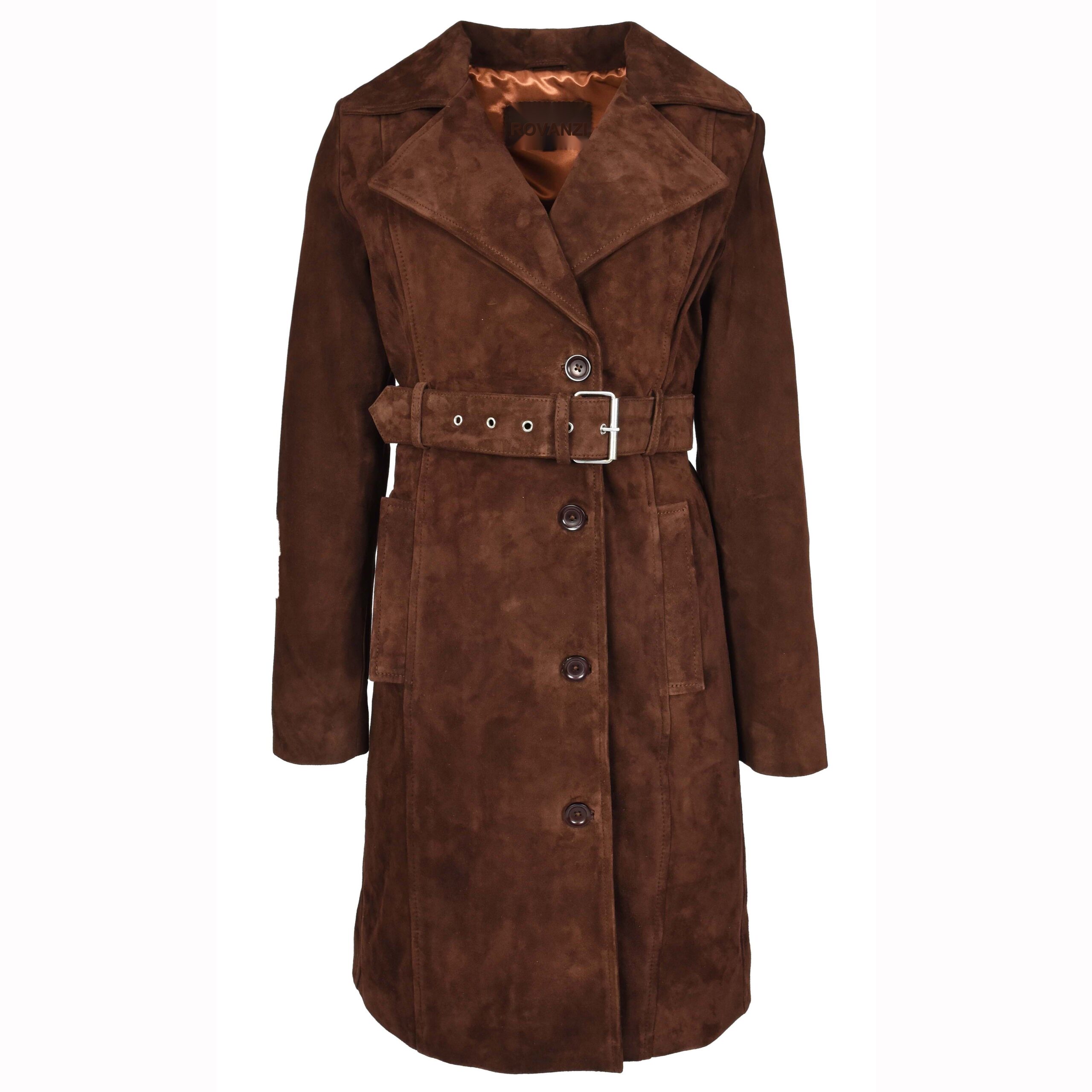 BUNERI Trench en Daim de Chèvre pour Femme 3/4 Longueur Brun Rouille avec Ceinture