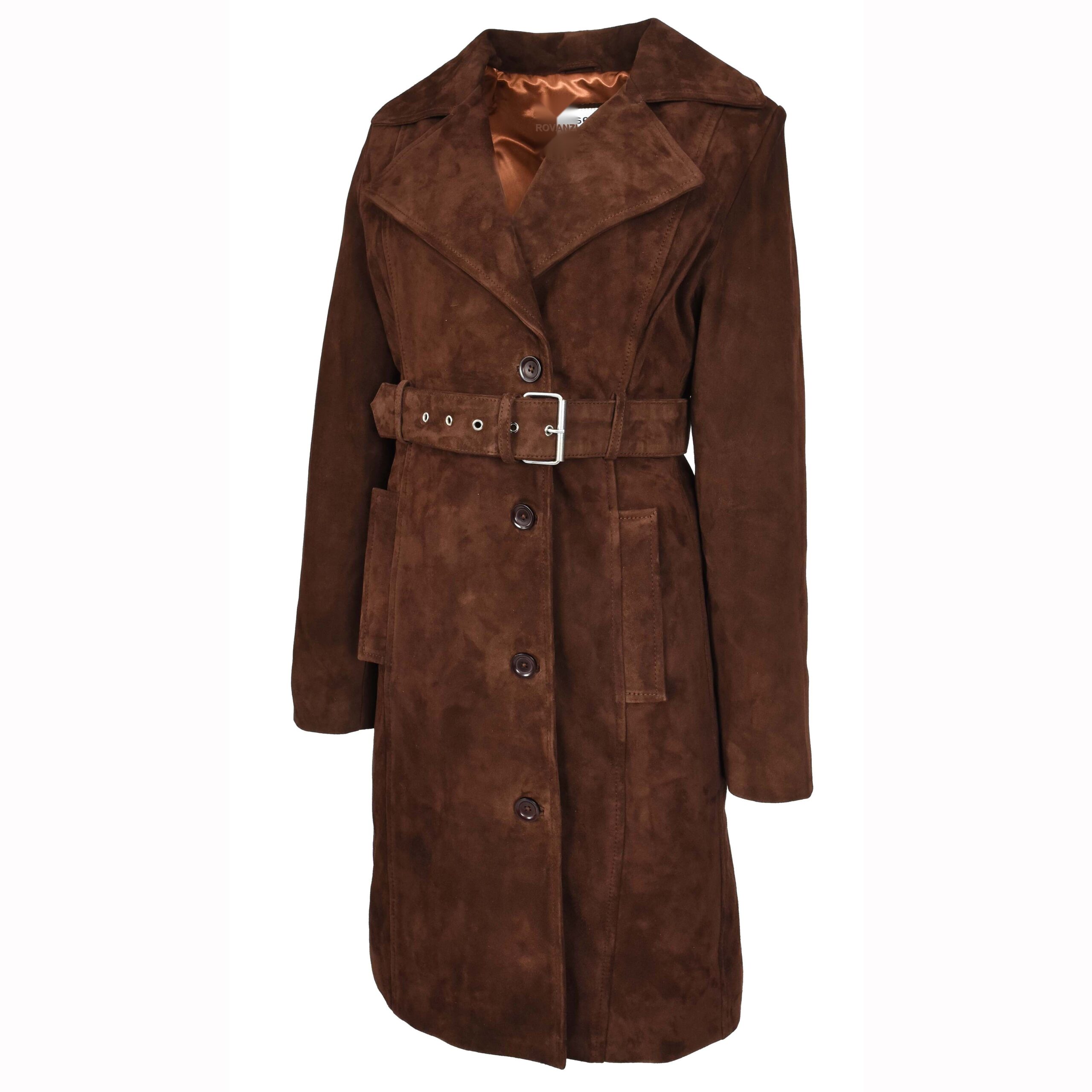 BUNERI Trench en Daim de Chèvre pour Femme 3/4 Longueur Brun Rouille avec Ceinture – Image 5