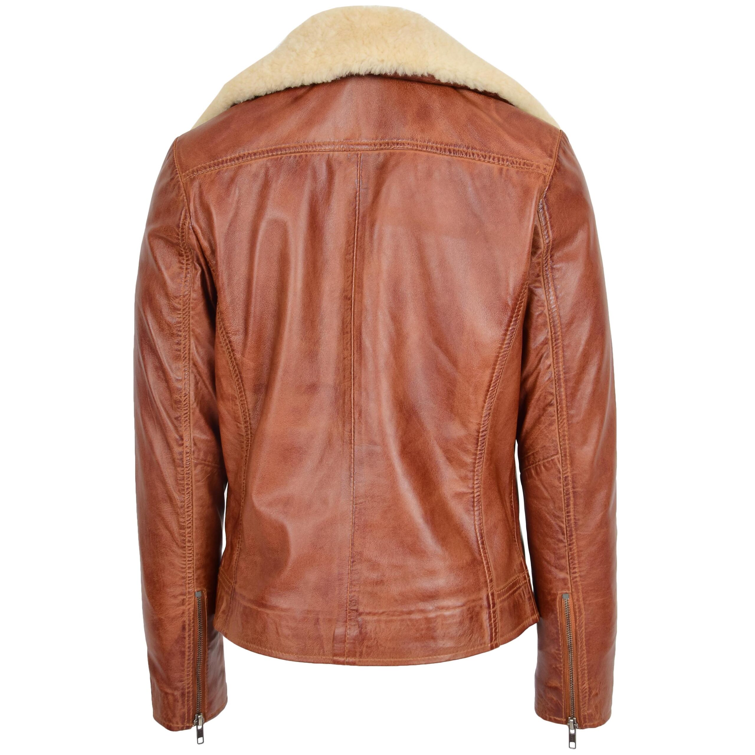 BUNERI Veste Biker en Cuir pour Femme avec Col Amovible Châtaigne – Image 2