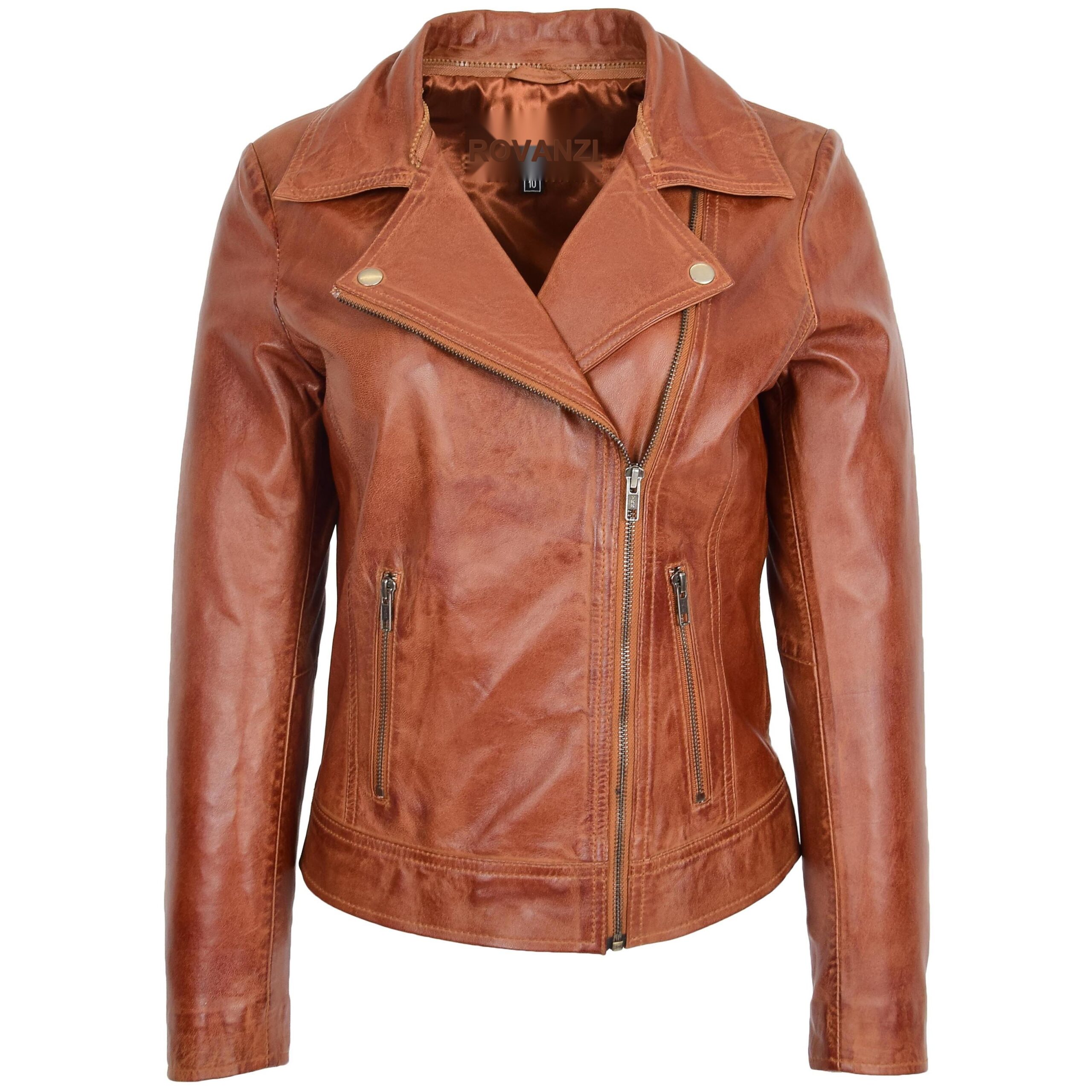 BUNERI Veste Biker en Cuir pour Femme avec Col Amovible Châtaigne – Image 3
