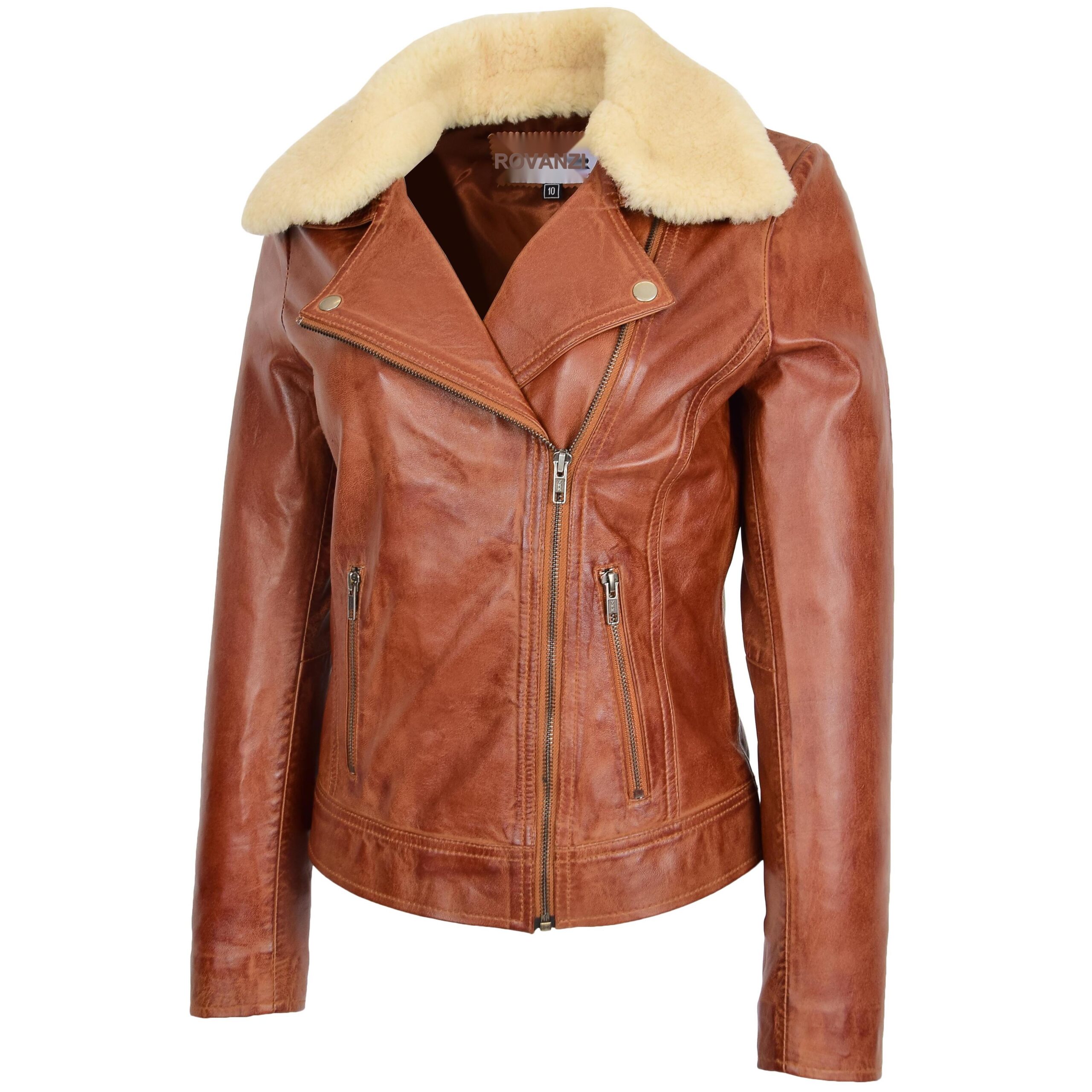 BUNERI Veste Biker en Cuir pour Femme avec Col Amovible Châtaigne – Image 4