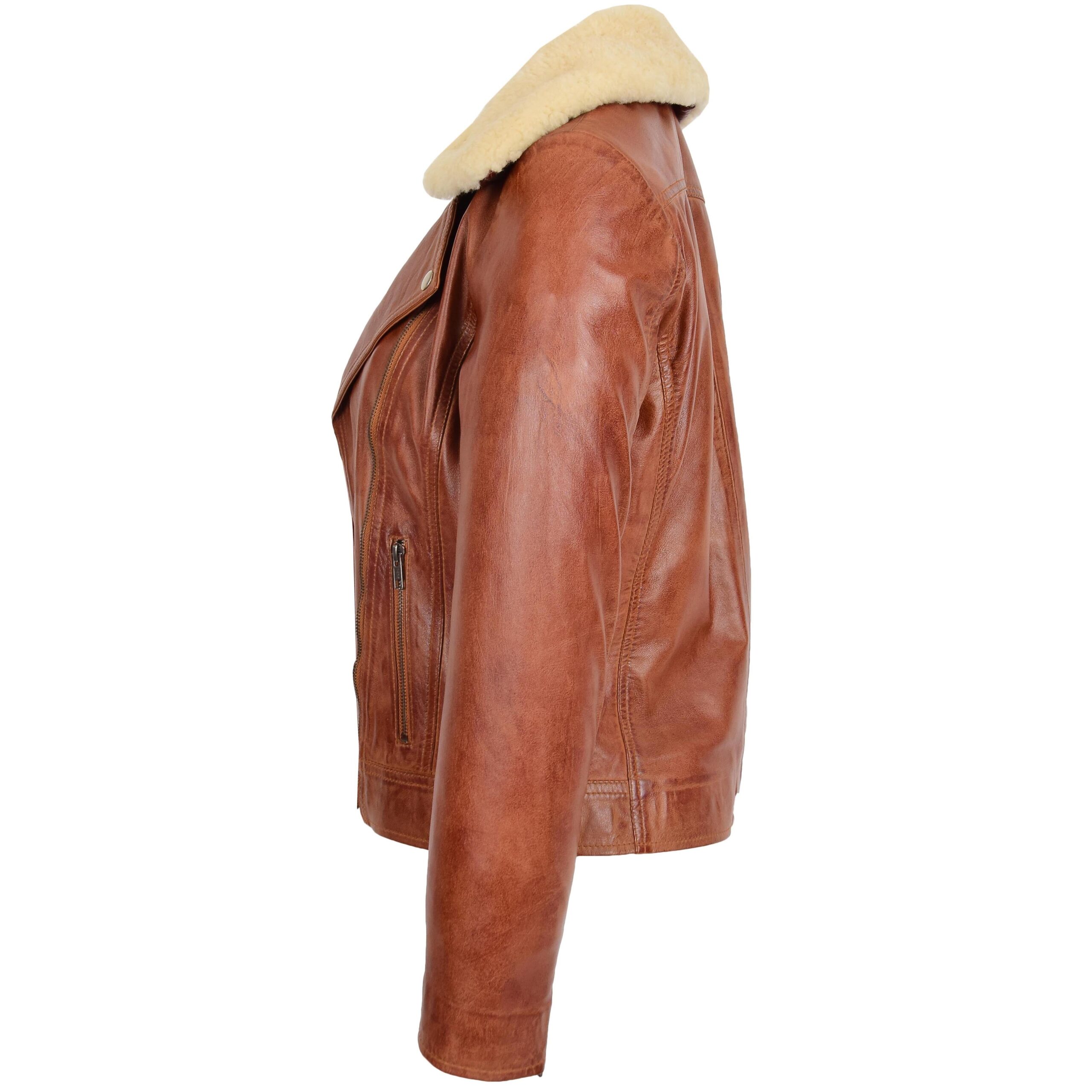 BUNERI Veste Biker en Cuir pour Femme avec Col Amovible Châtaigne – Image 5