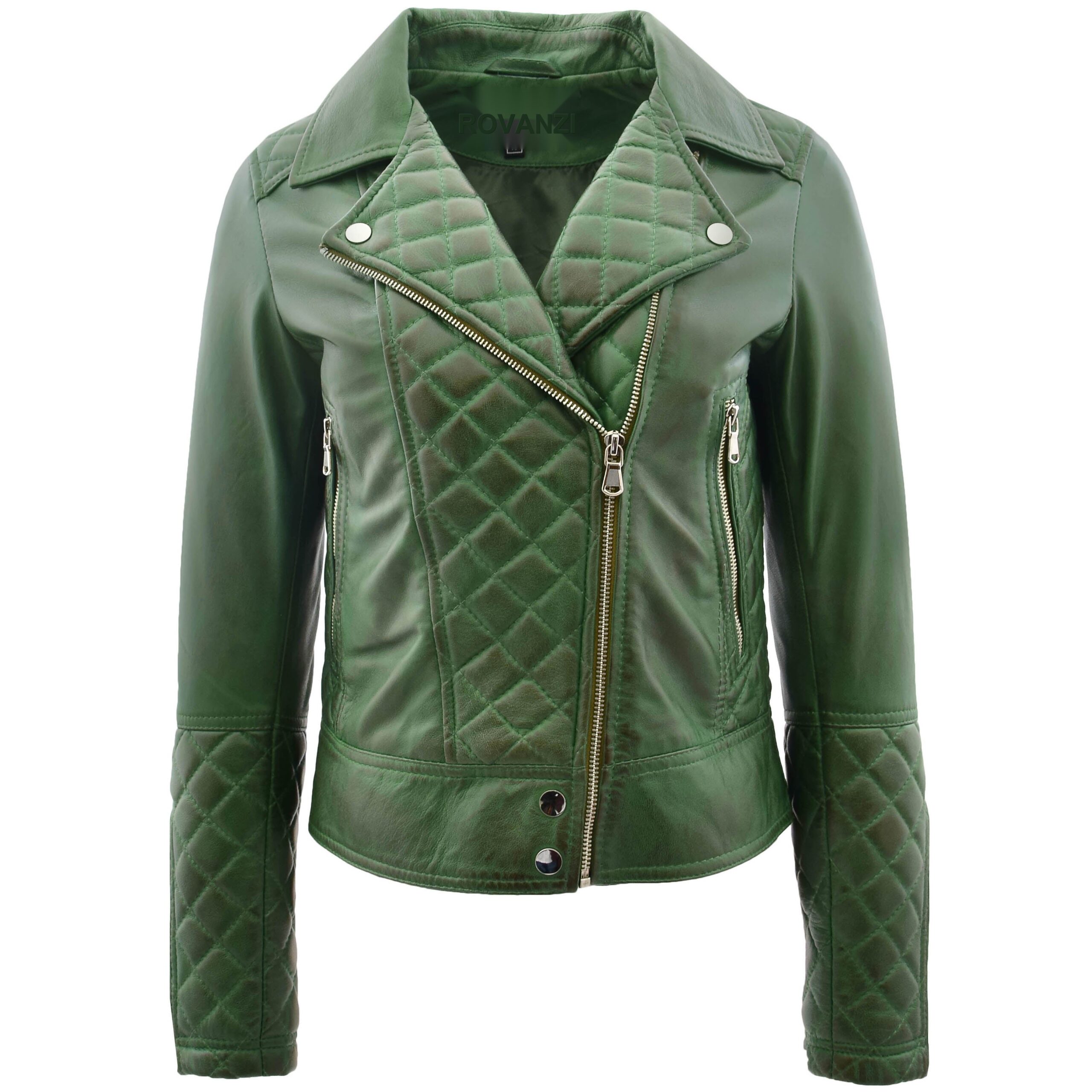 BUNERI Veste Femme Cuir Biker avec Detail Matelasse Verte