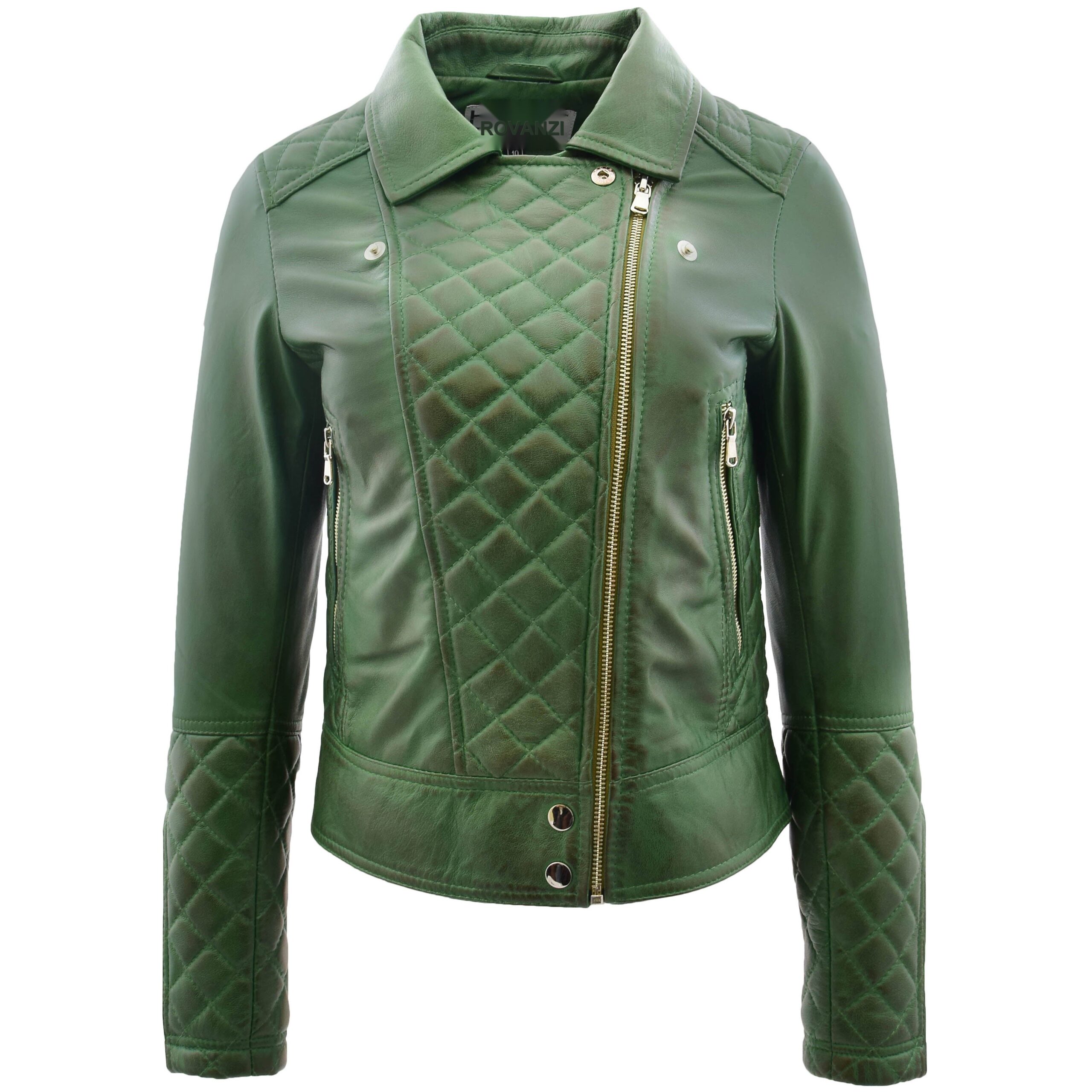 BUNERI Veste Femme Cuir Biker avec Detail Matelasse Verte – Image 3