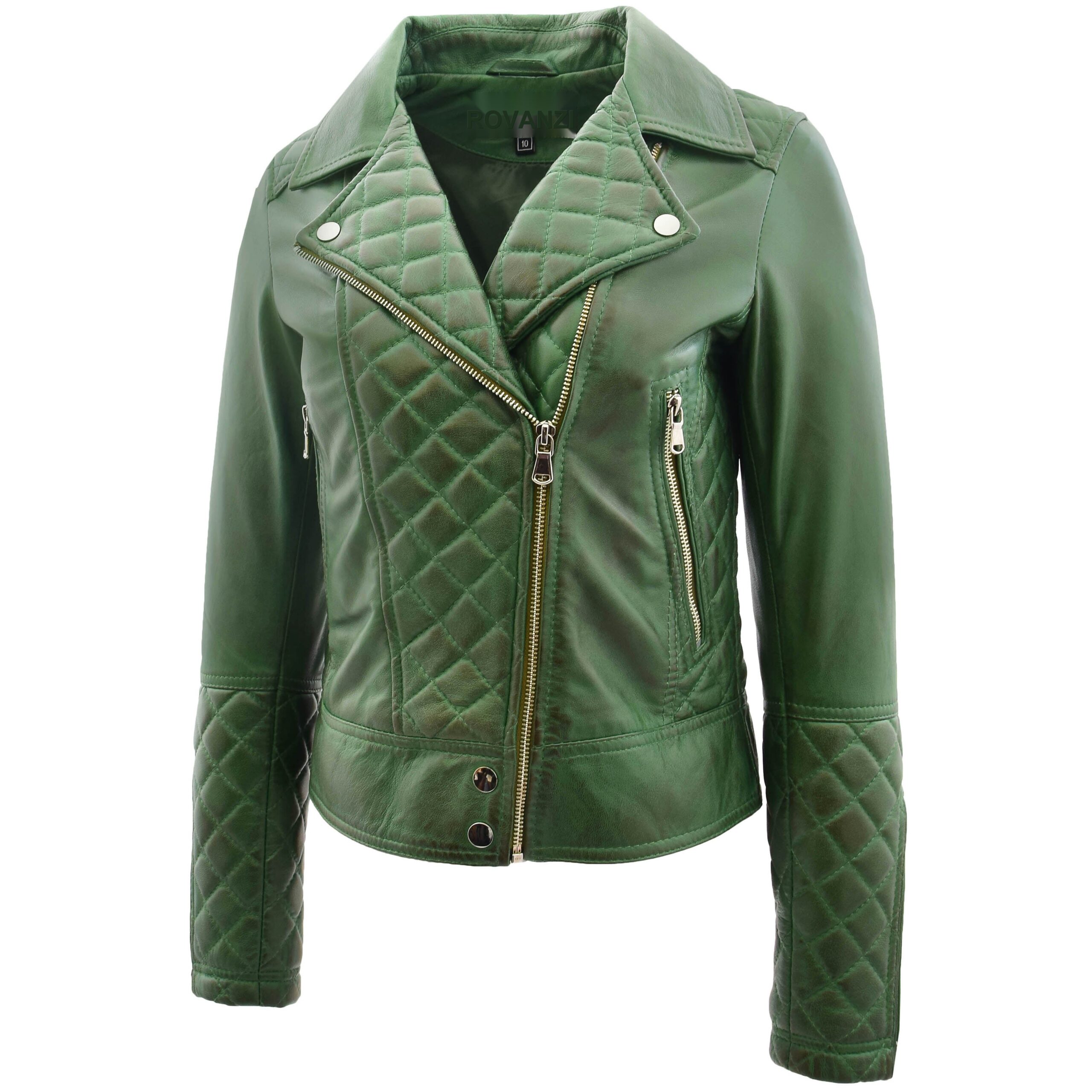 BUNERI Veste Femme Cuir Biker avec Detail Matelasse Verte – Image 4