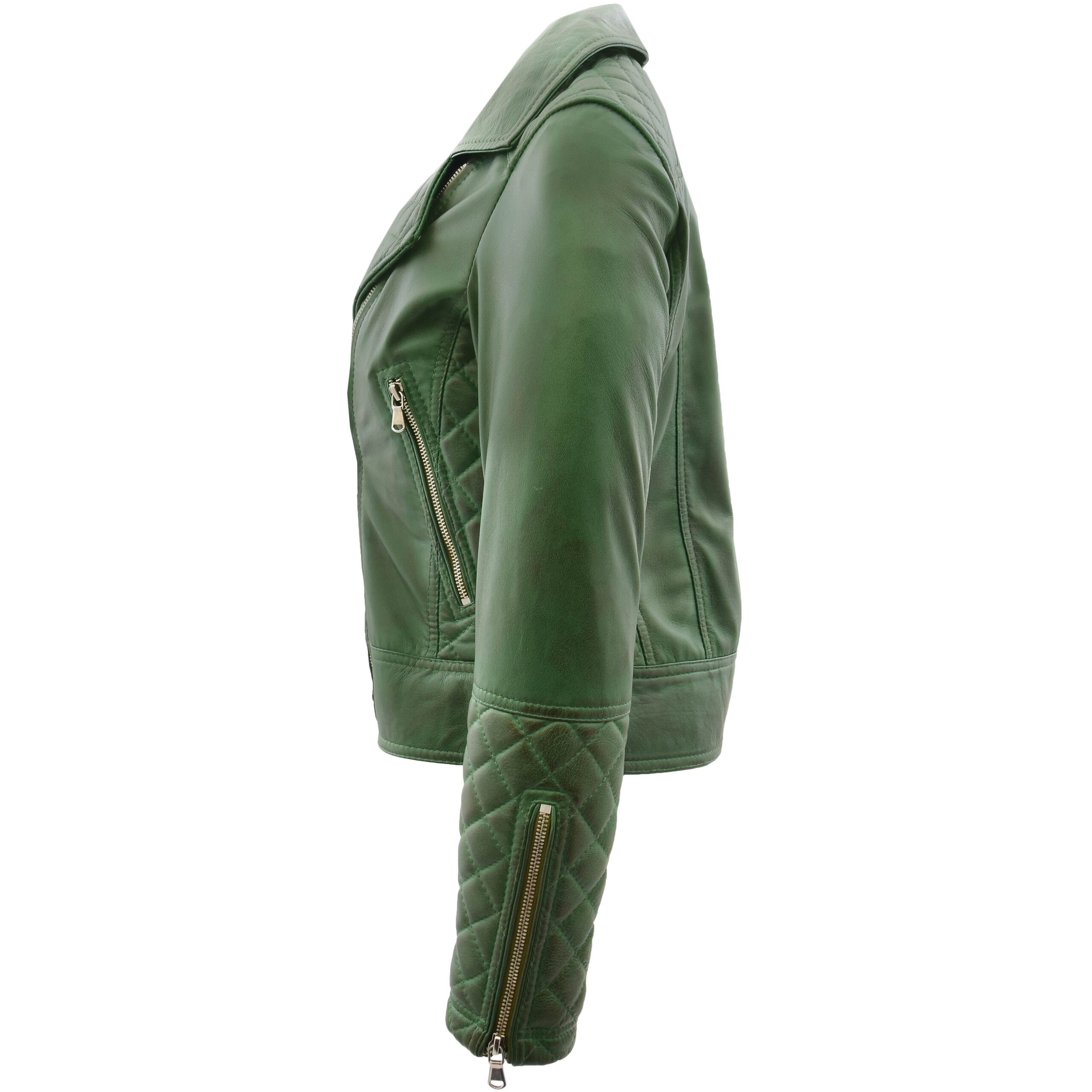 BUNERI Veste Femme Cuir Biker avec Detail Matelasse Verte – Image 5