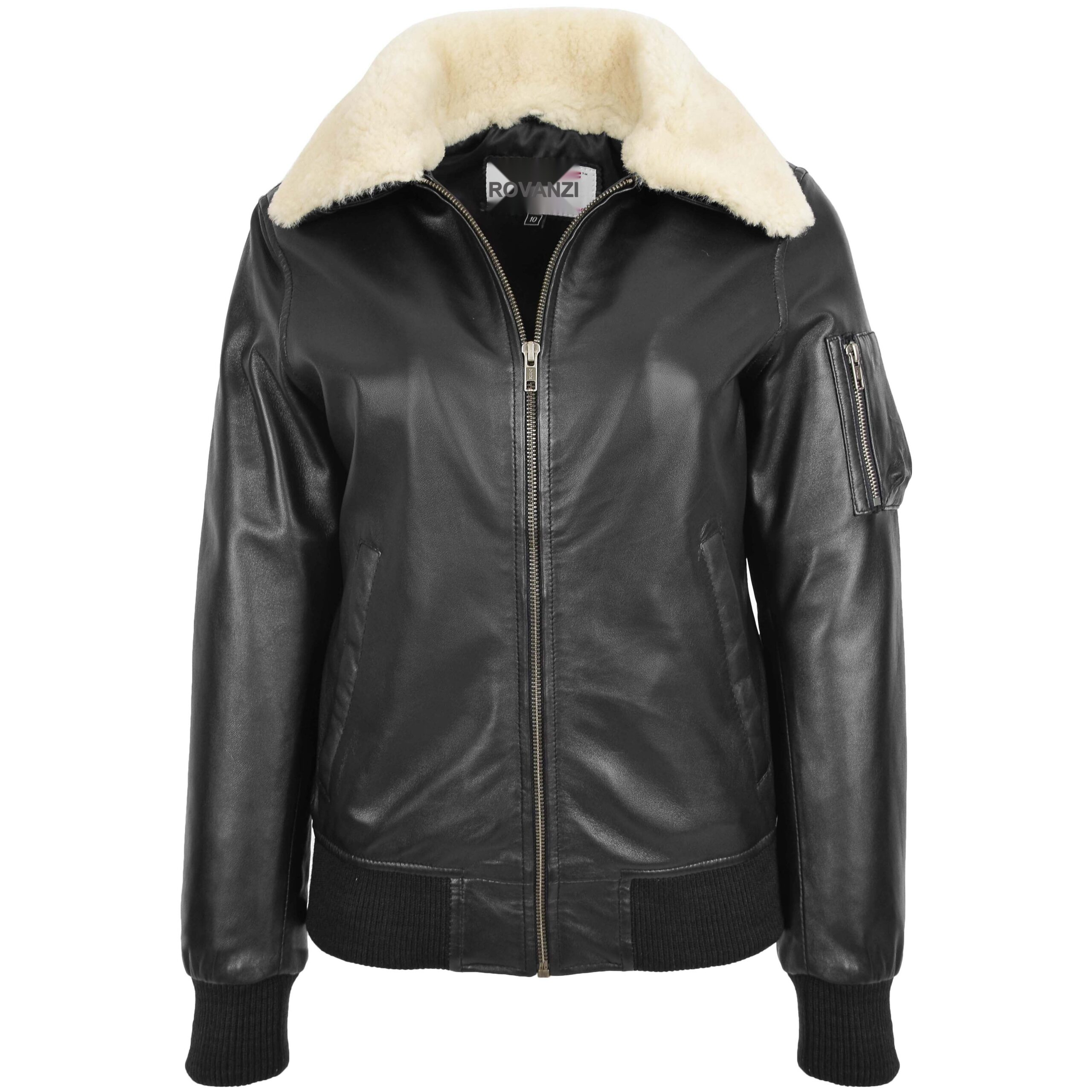 BUNERI Veste Femme Cuir Bomber Noire Col Amovible