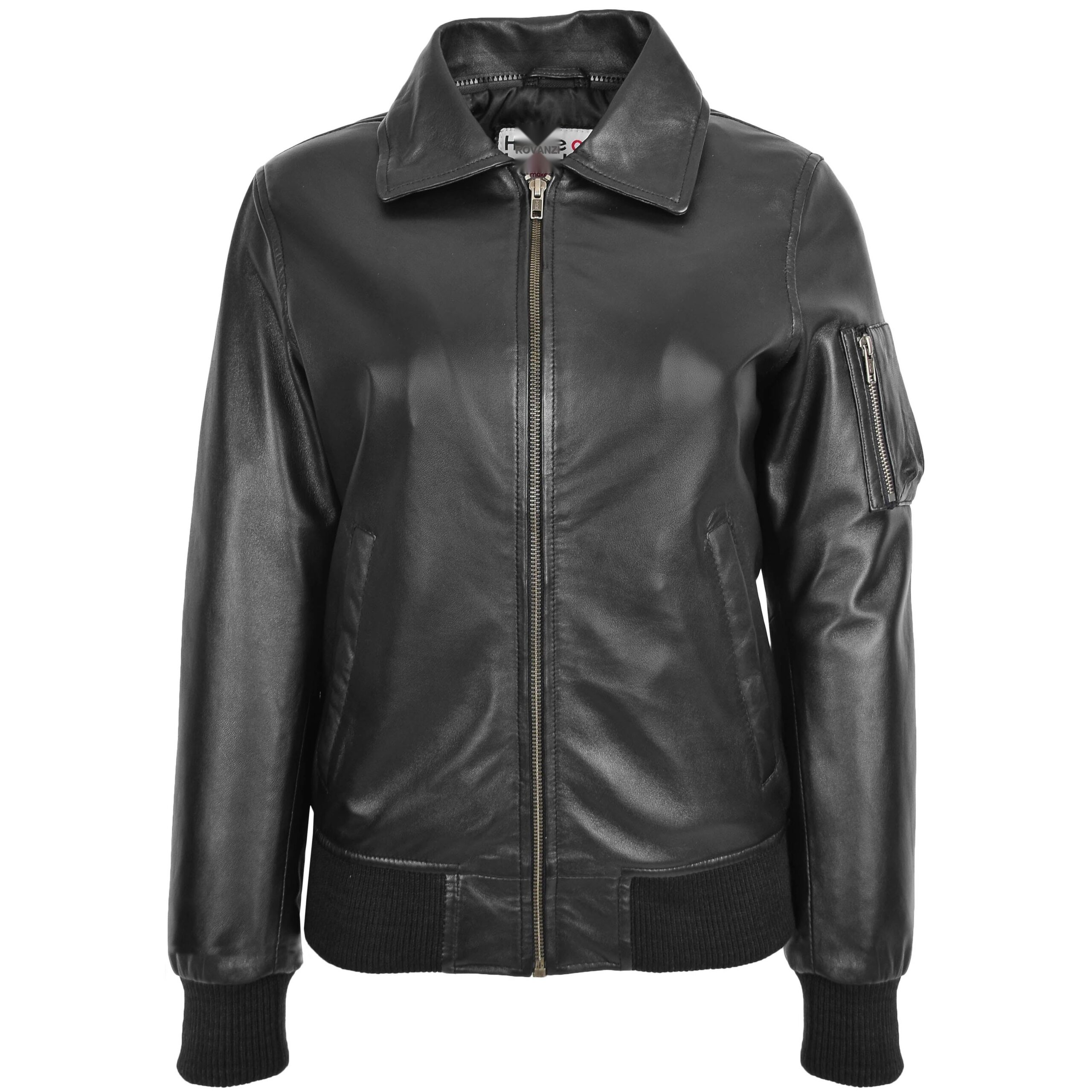 BUNERI Veste Femme Cuir Bomber Noire Col Amovible – Image 3