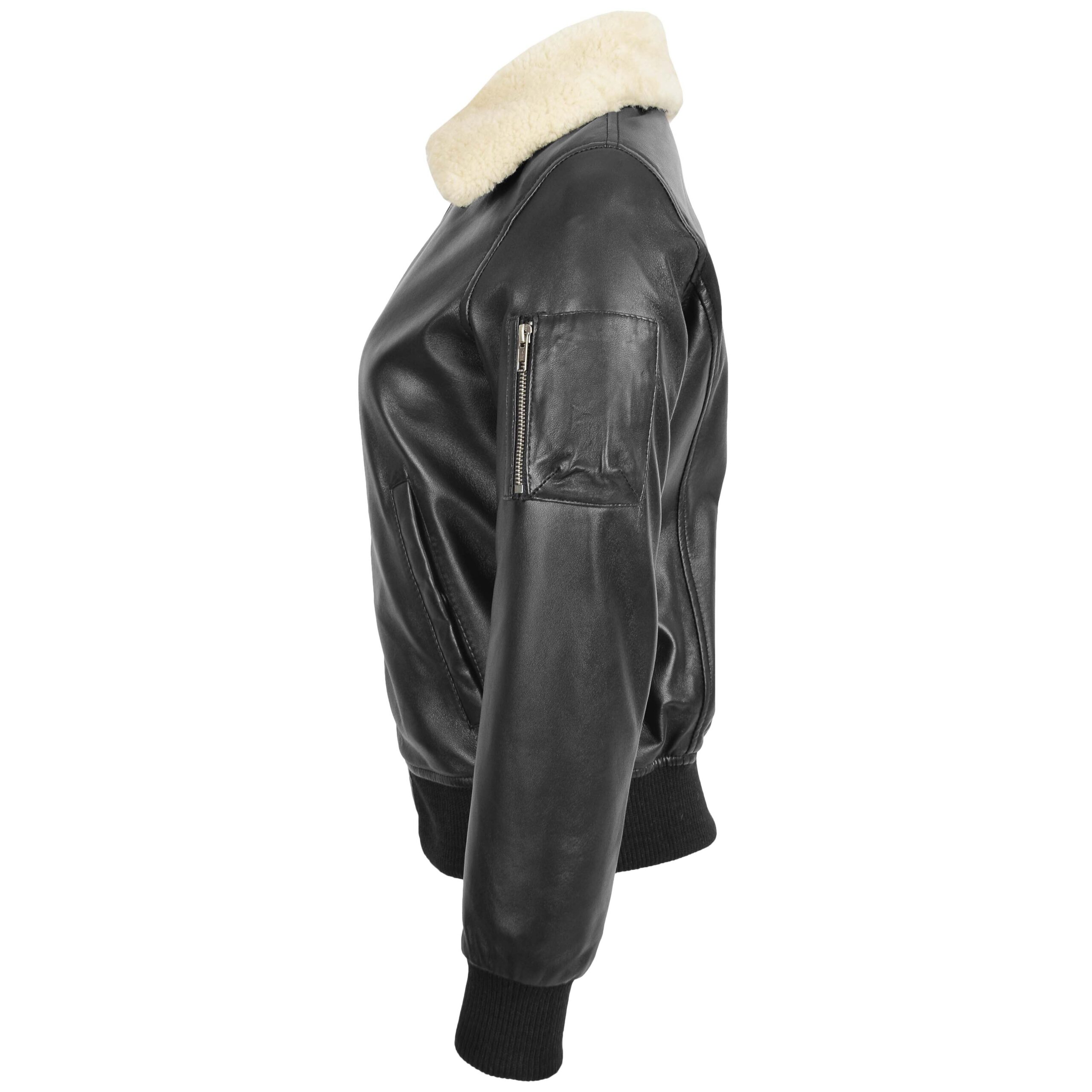 BUNERI Veste Femme Cuir Bomber Noire Col Amovible – Image 5