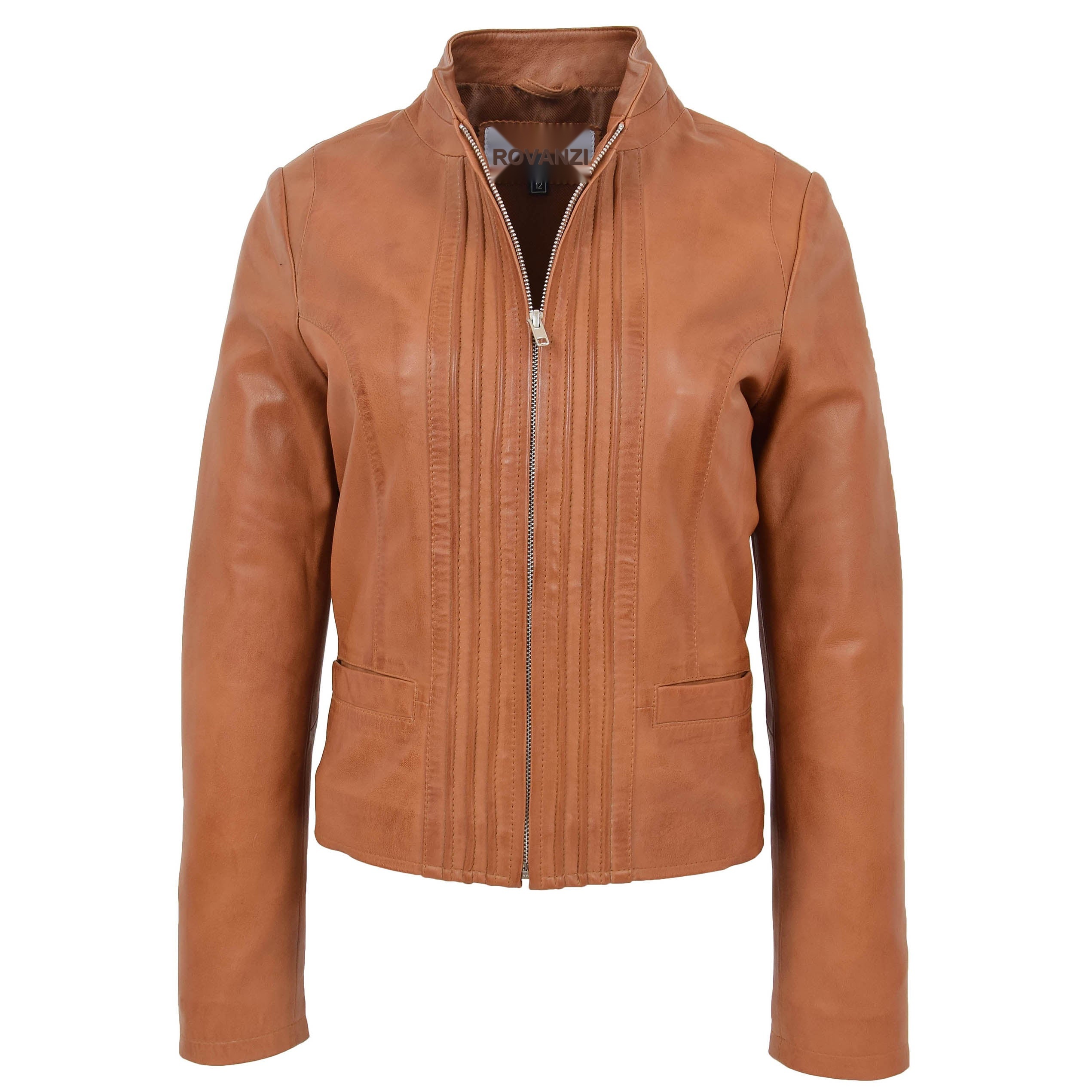 BUNERI Veste en Cuir Casual Col Montant pour Femme Tan