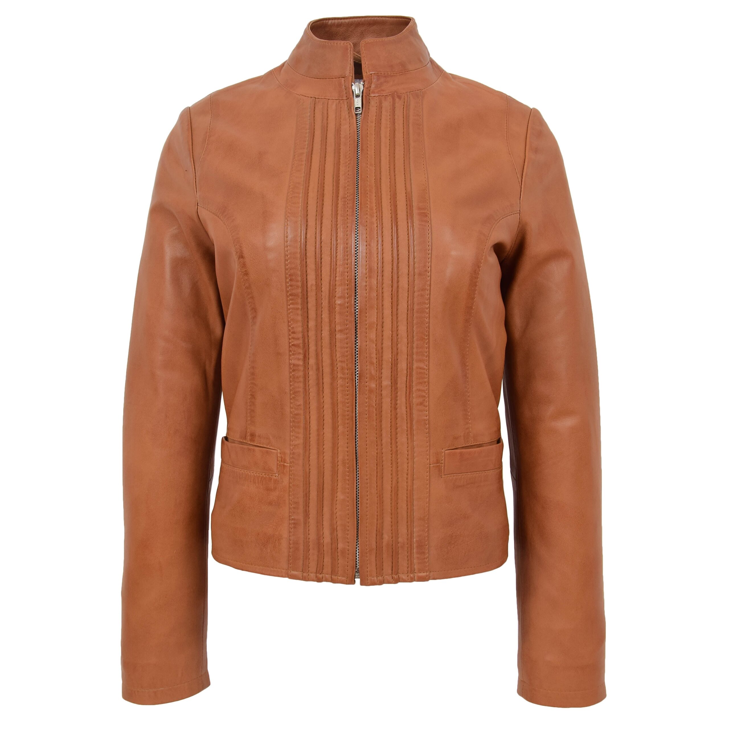 BUNERI Veste en Cuir Casual Col Montant pour Femme Tan – Image 3