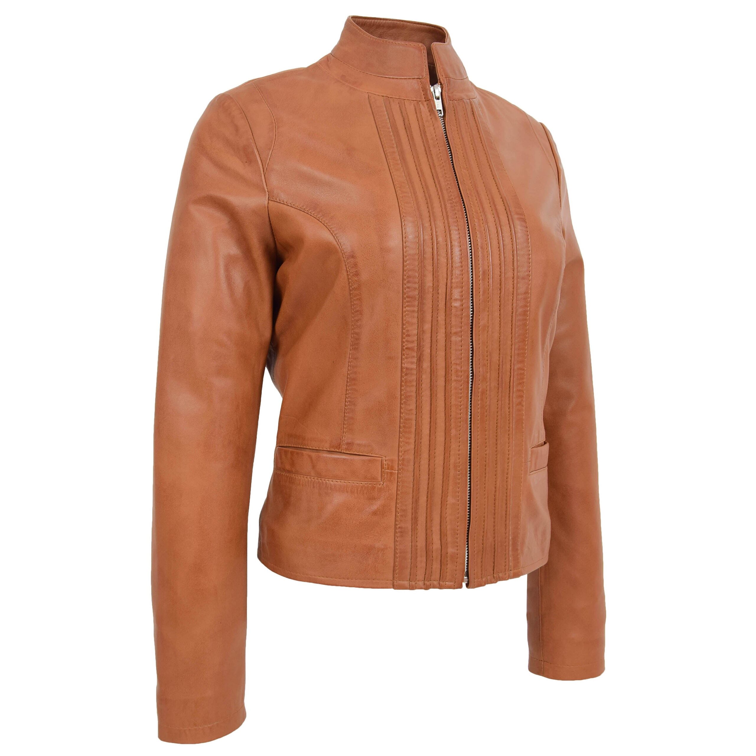BUNERI Veste en Cuir Casual Col Montant pour Femme Tan – Image 4