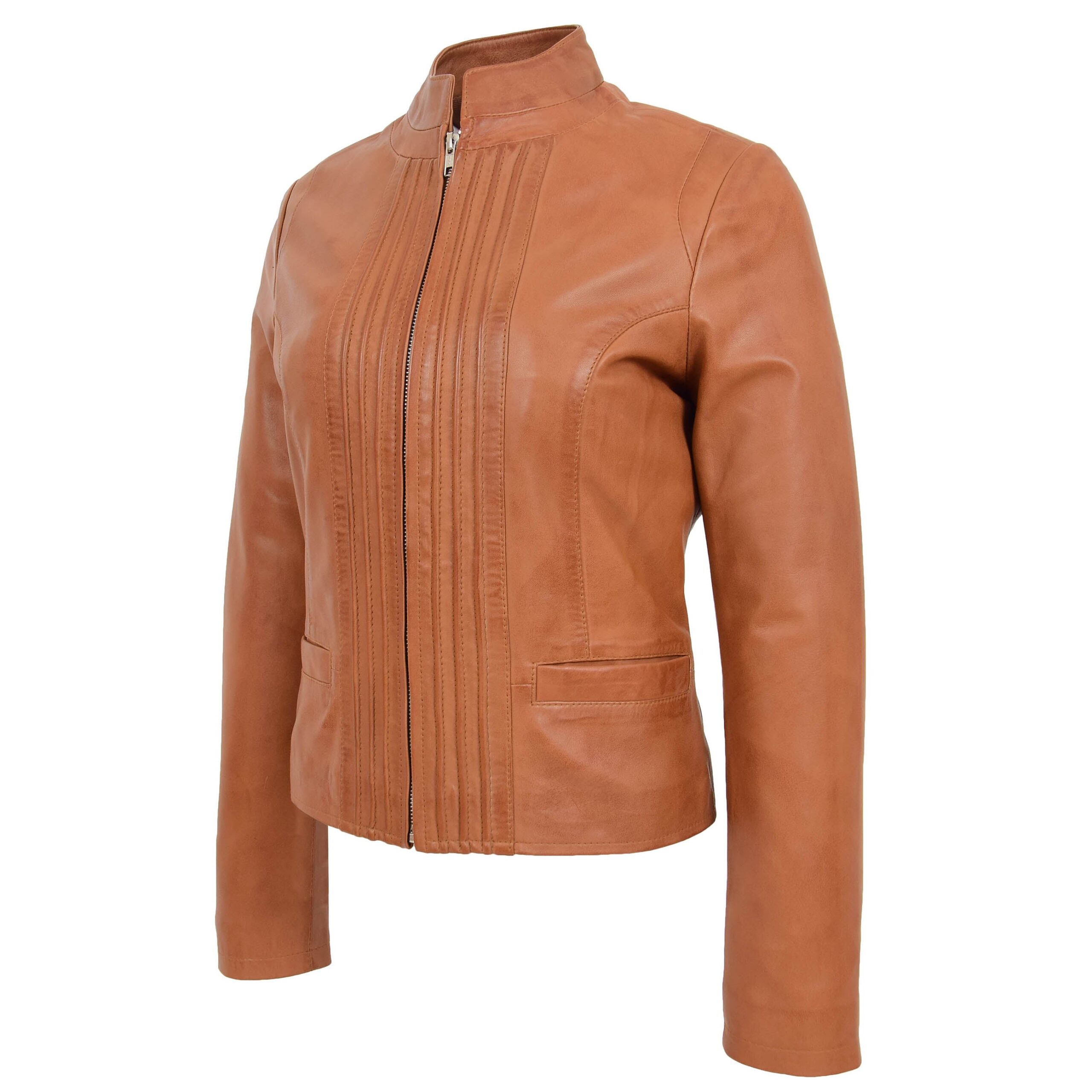 BUNERI Veste en Cuir Casual Col Montant pour Femme Tan – Image 5