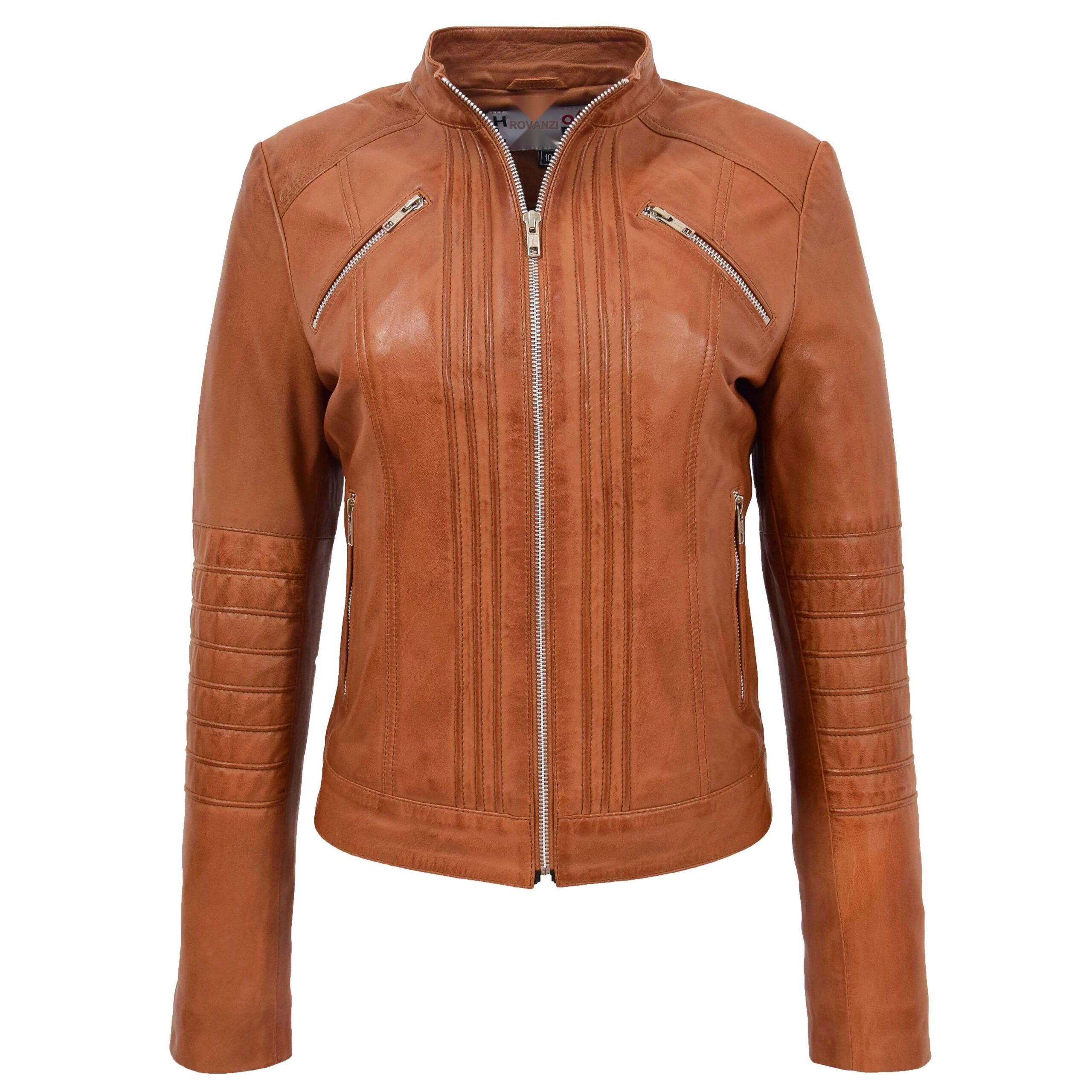 BUNERI Veste Biker Classique en Cuir pour Femme Tan