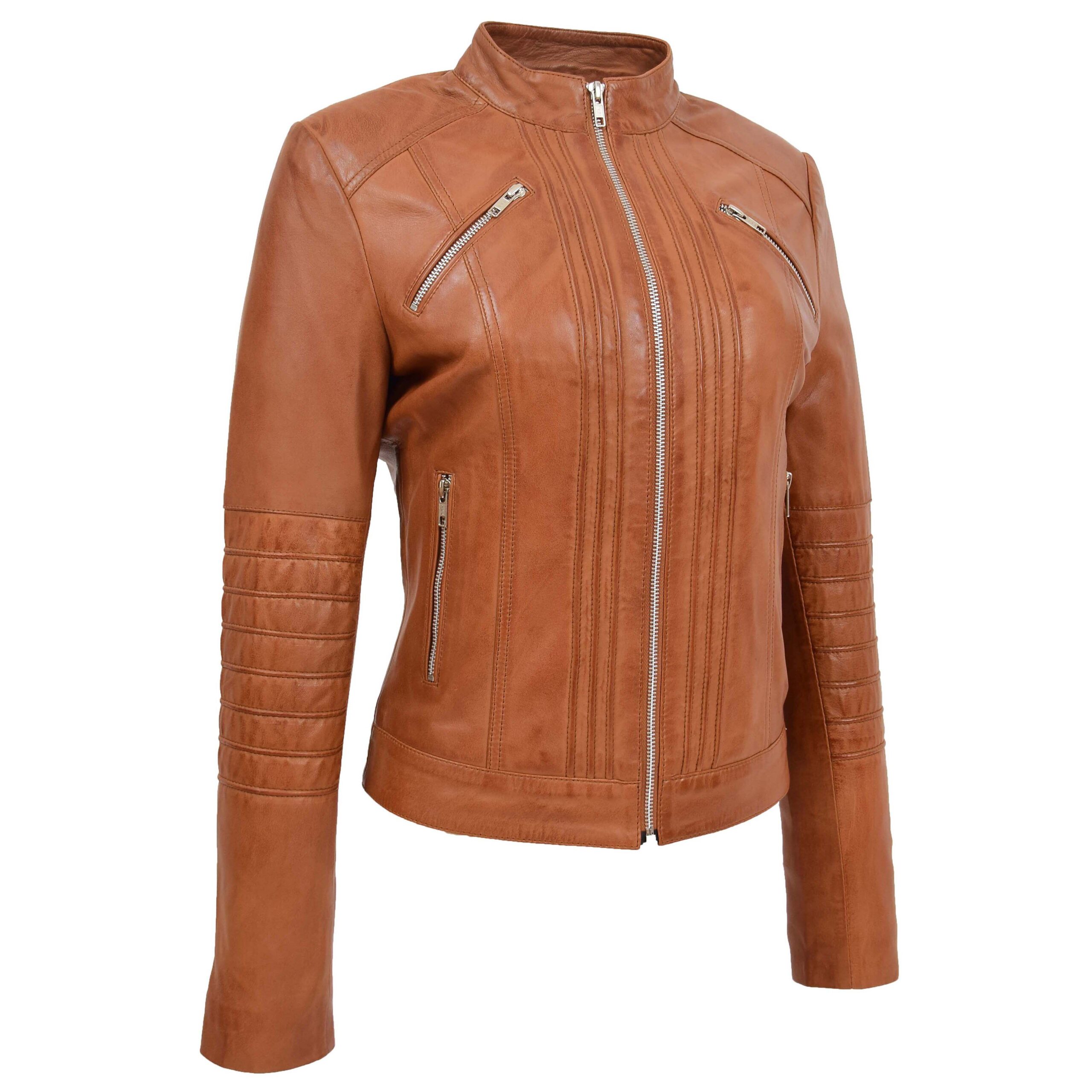 BUNERI Veste Biker Classique en Cuir pour Femme Tan – Image 3