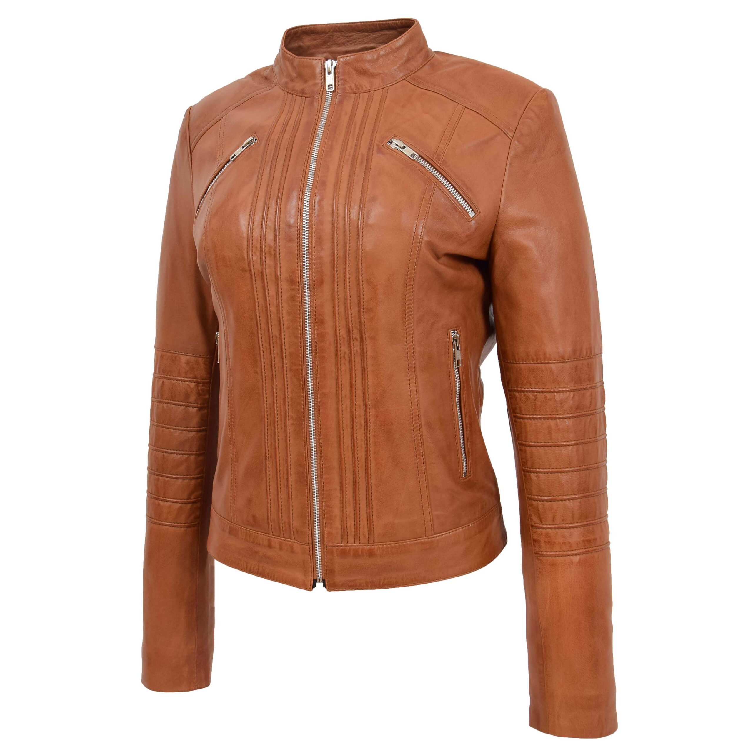 BUNERI Veste Biker Classique en Cuir pour Femme Tan – Image 4