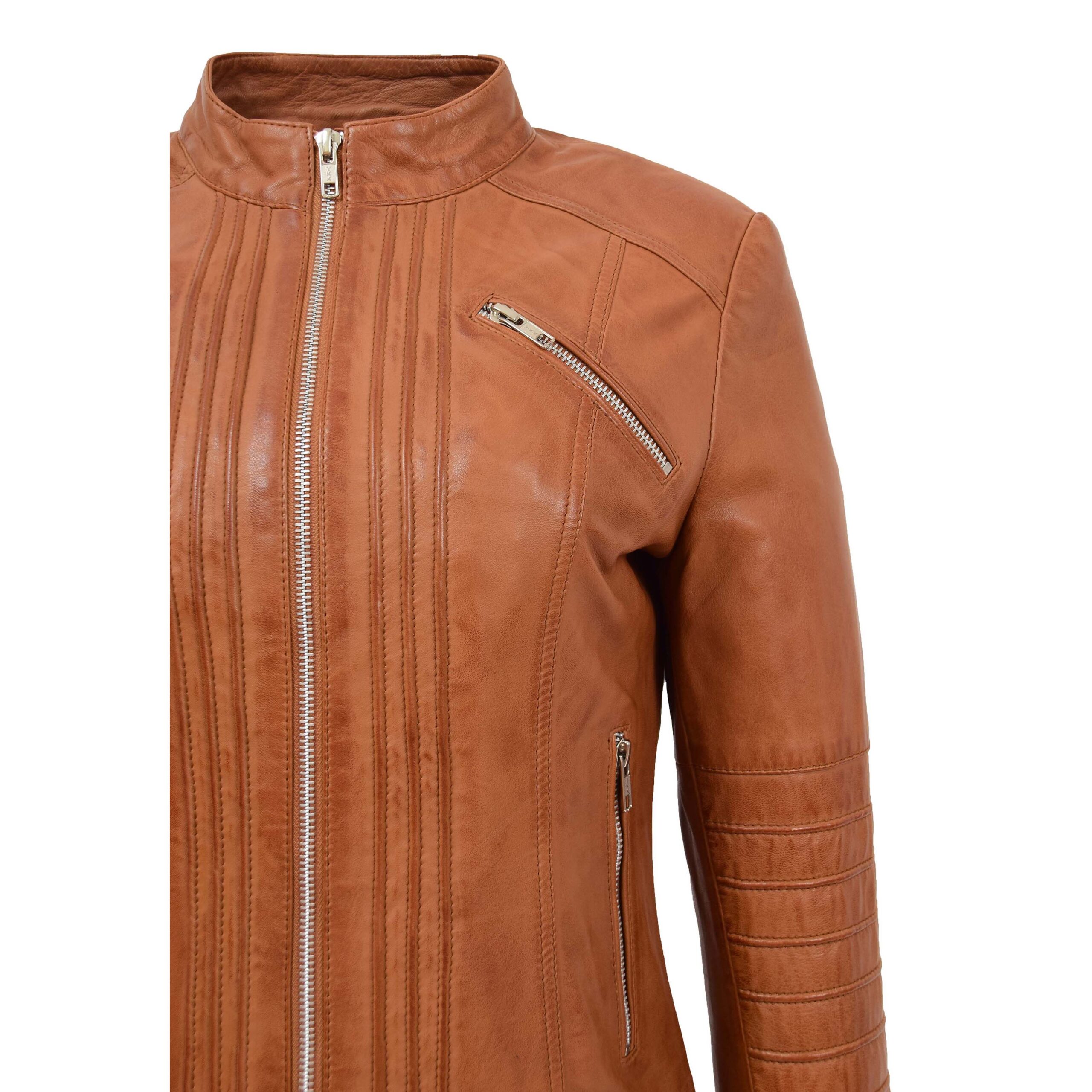 BUNERI Veste Biker Classique en Cuir pour Femme Tan – Image 7