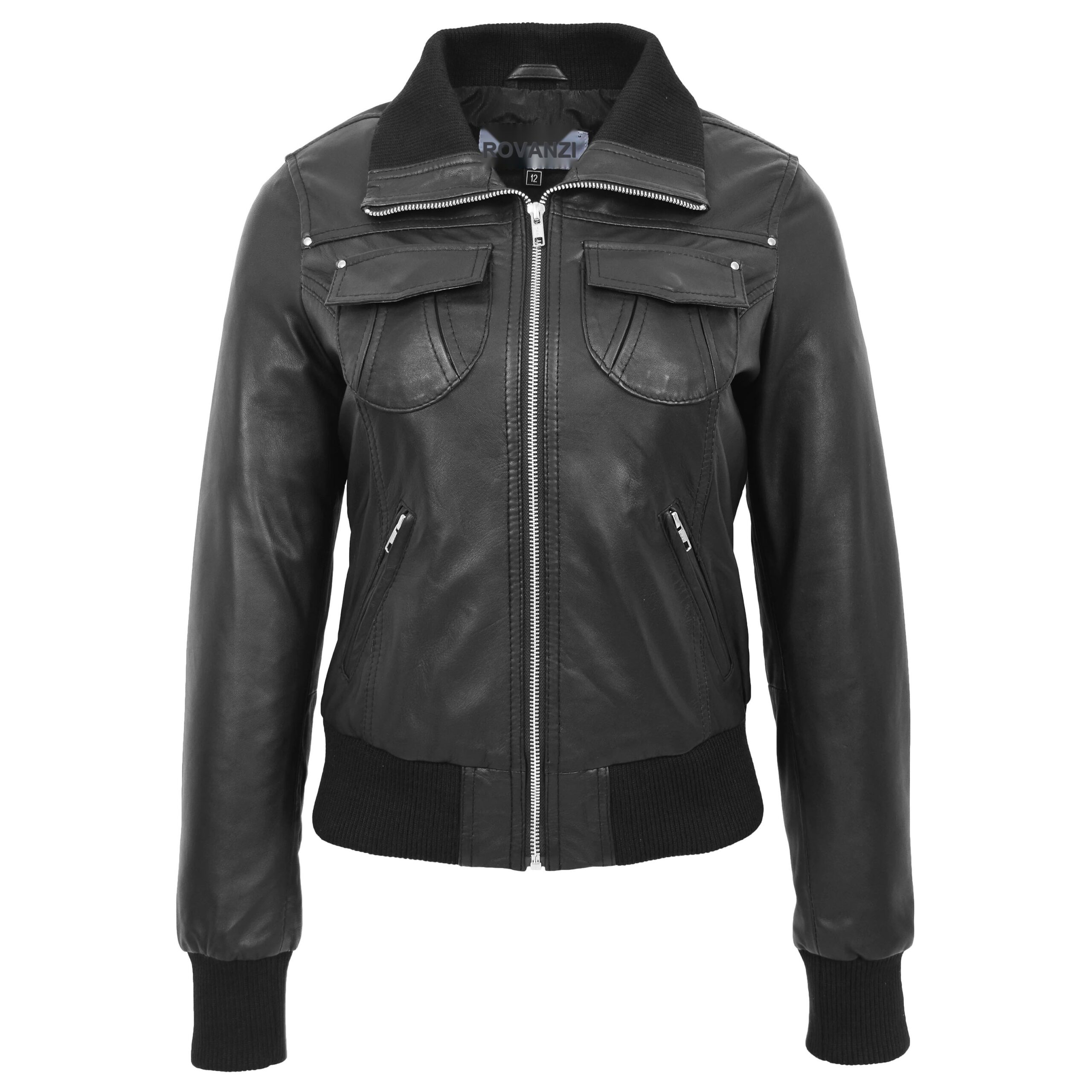 BUNERI Bomber Cuir Motto Noir Classique Femme