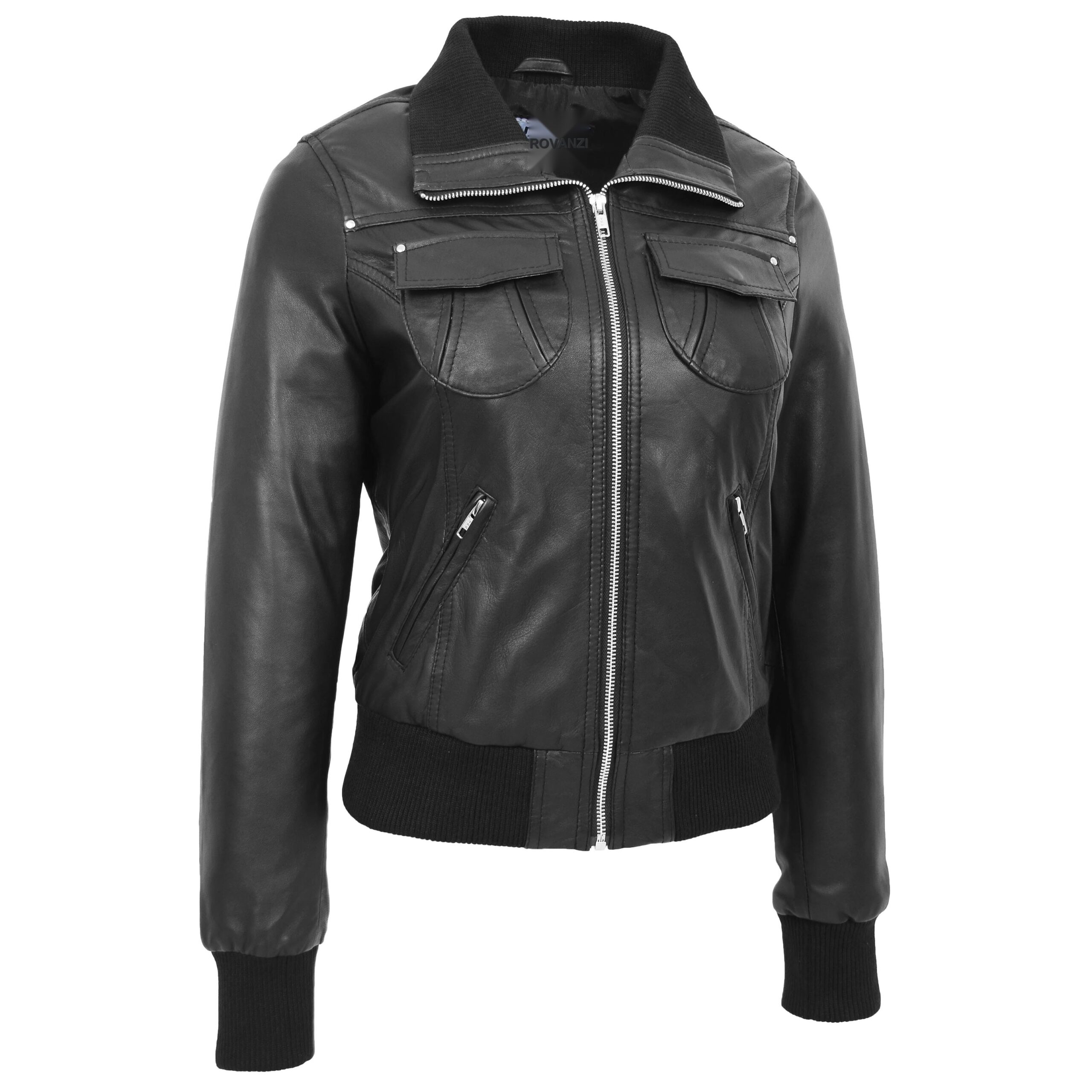 BUNERI Bomber Cuir Motto Noir Classique Femme – Image 3