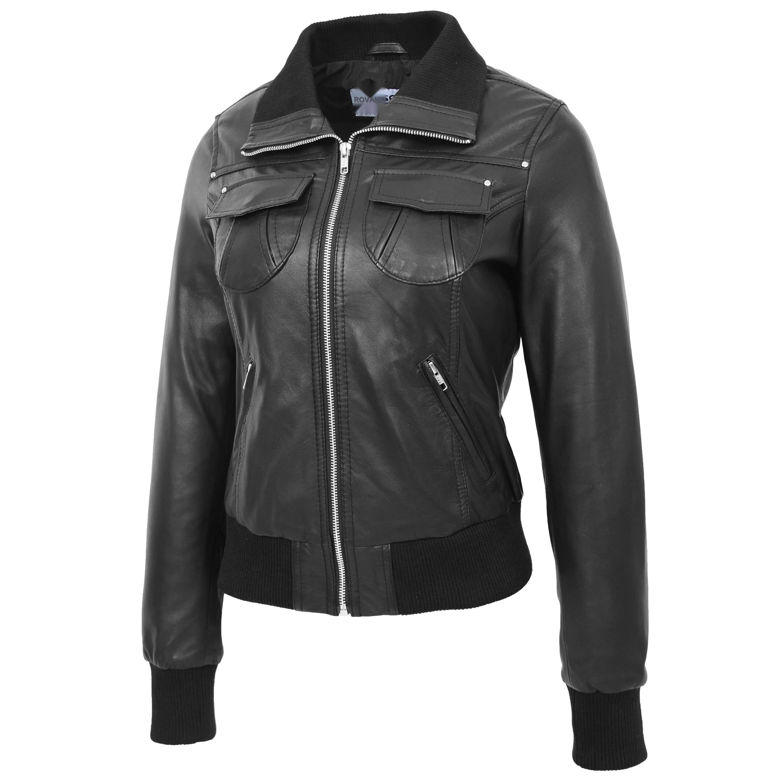 BUNERI Bomber Cuir Motto Noir Classique Femme – Image 4