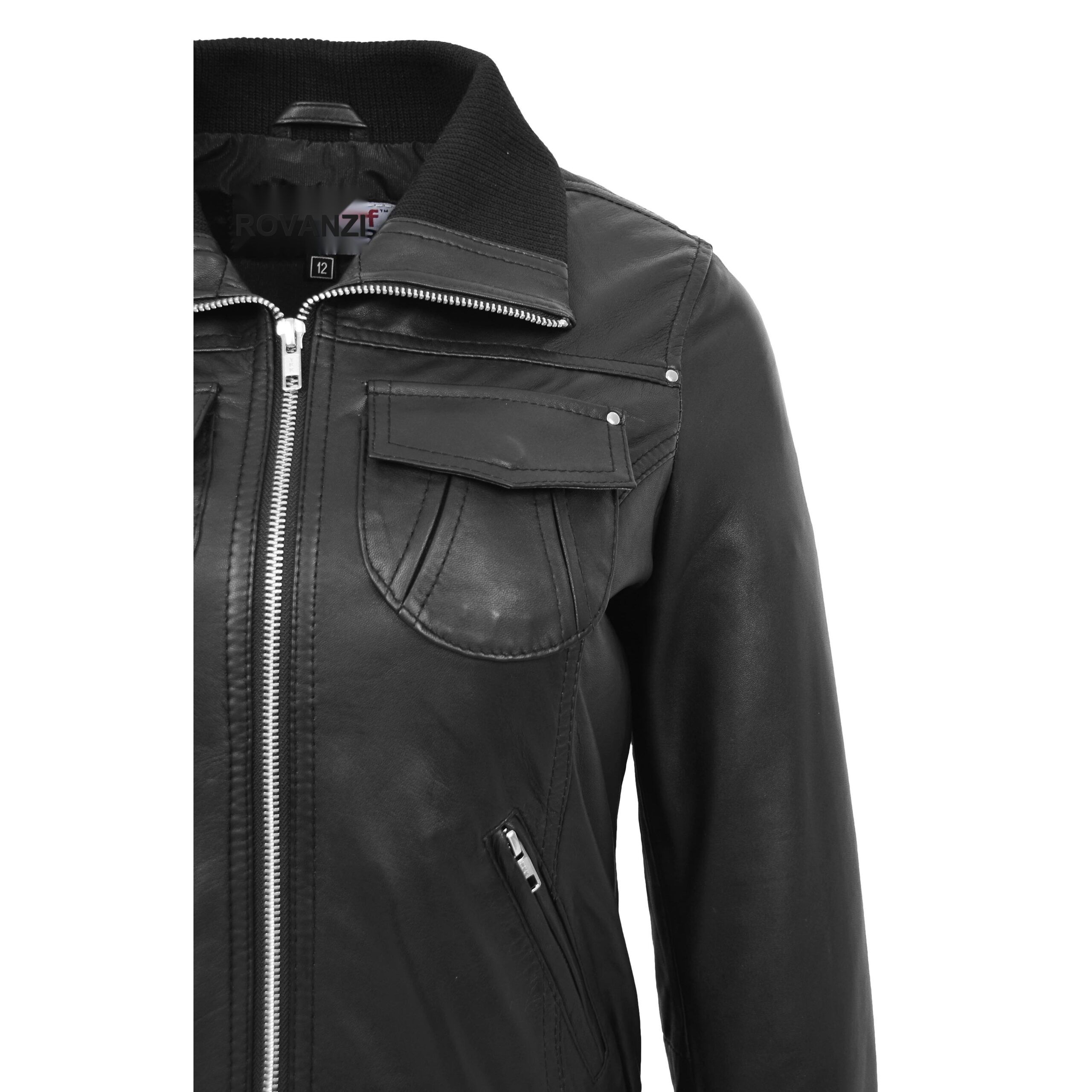 BUNERI Bomber Cuir Motto Noir Classique Femme – Image 7