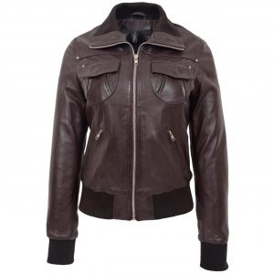 BUNERI Blouson Aviateur Classique en Cuir pour Femme Marron