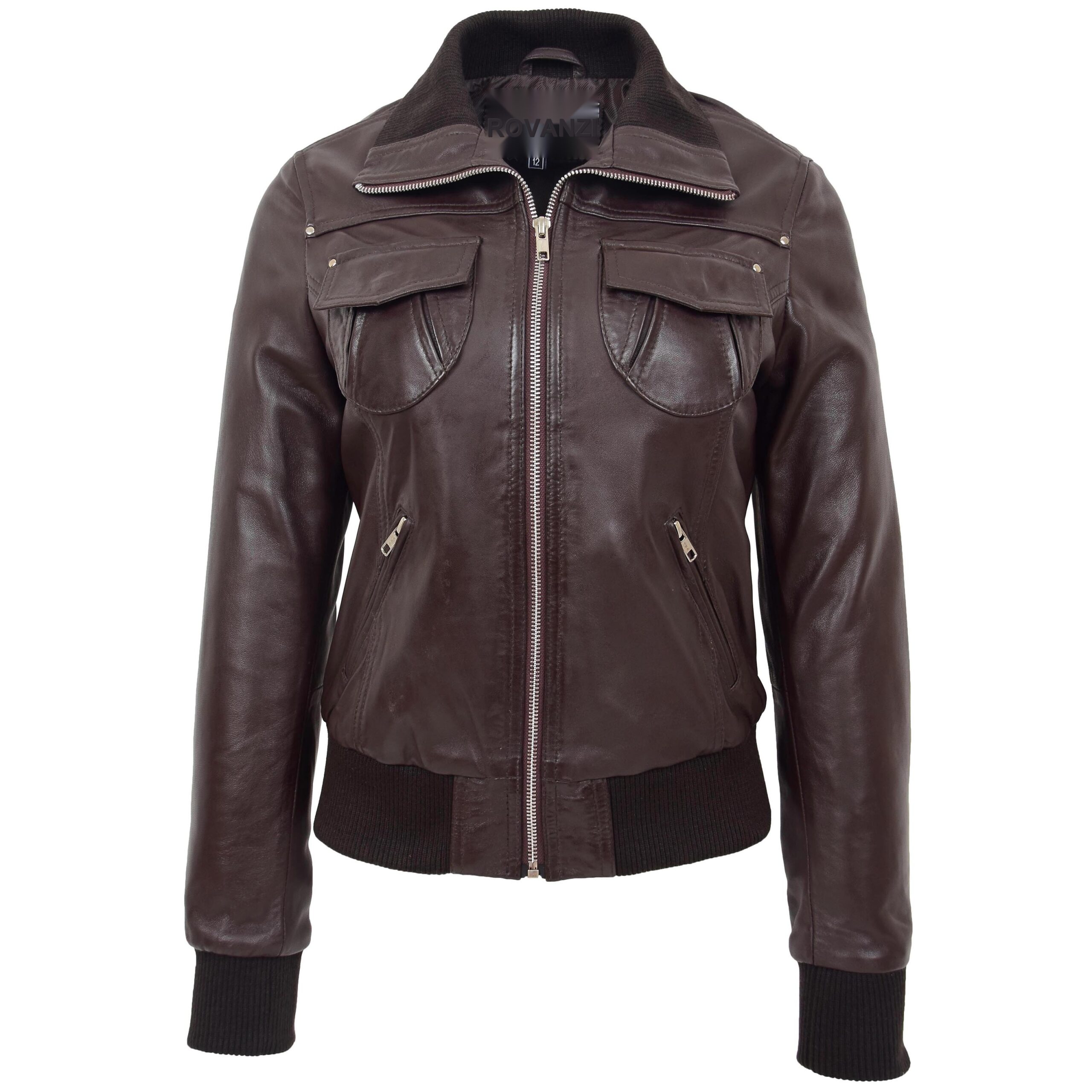 BUNERI Blouson Aviateur Classique en Cuir pour Femme Marron