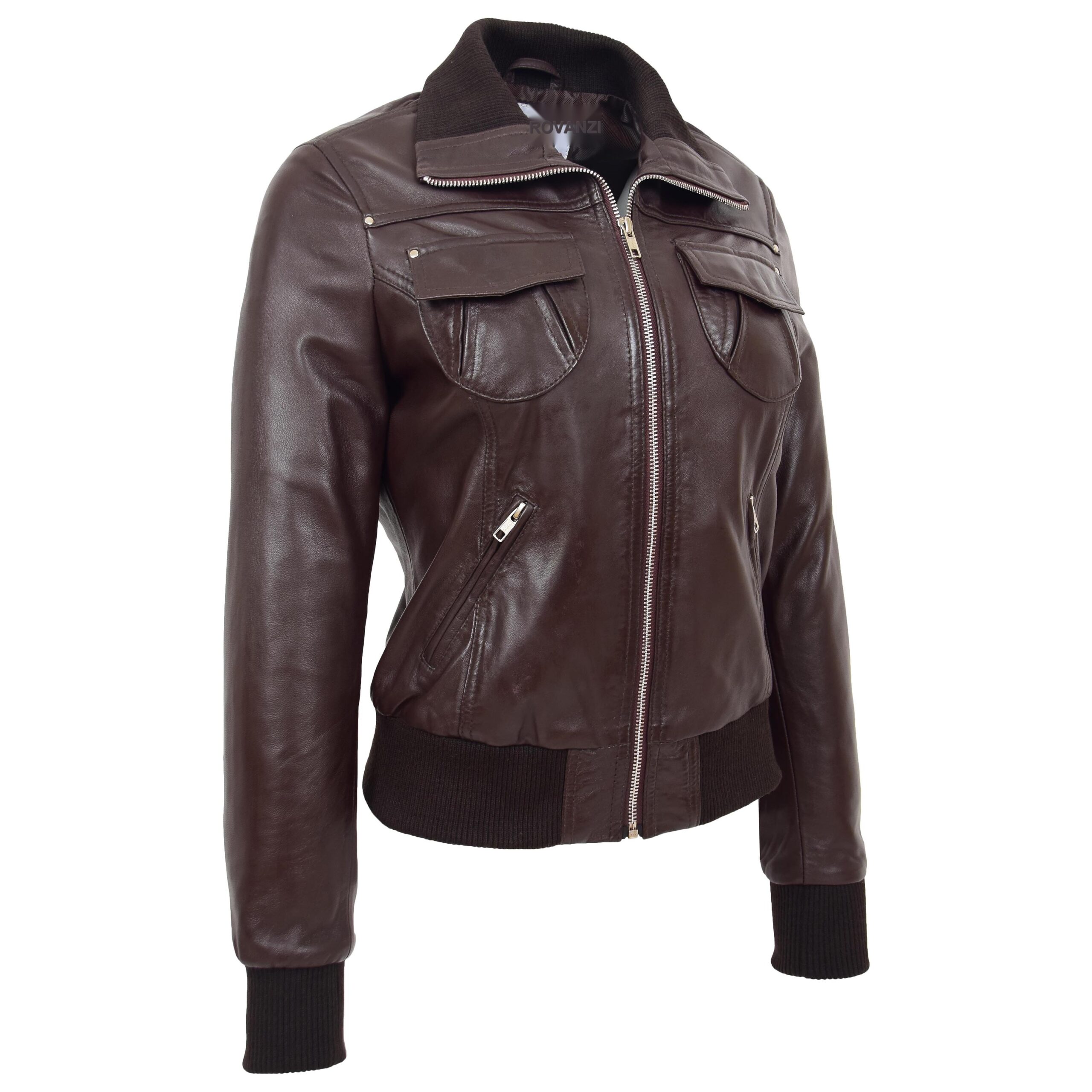BUNERI Blouson Aviateur Classique en Cuir pour Femme Marron – Image 3