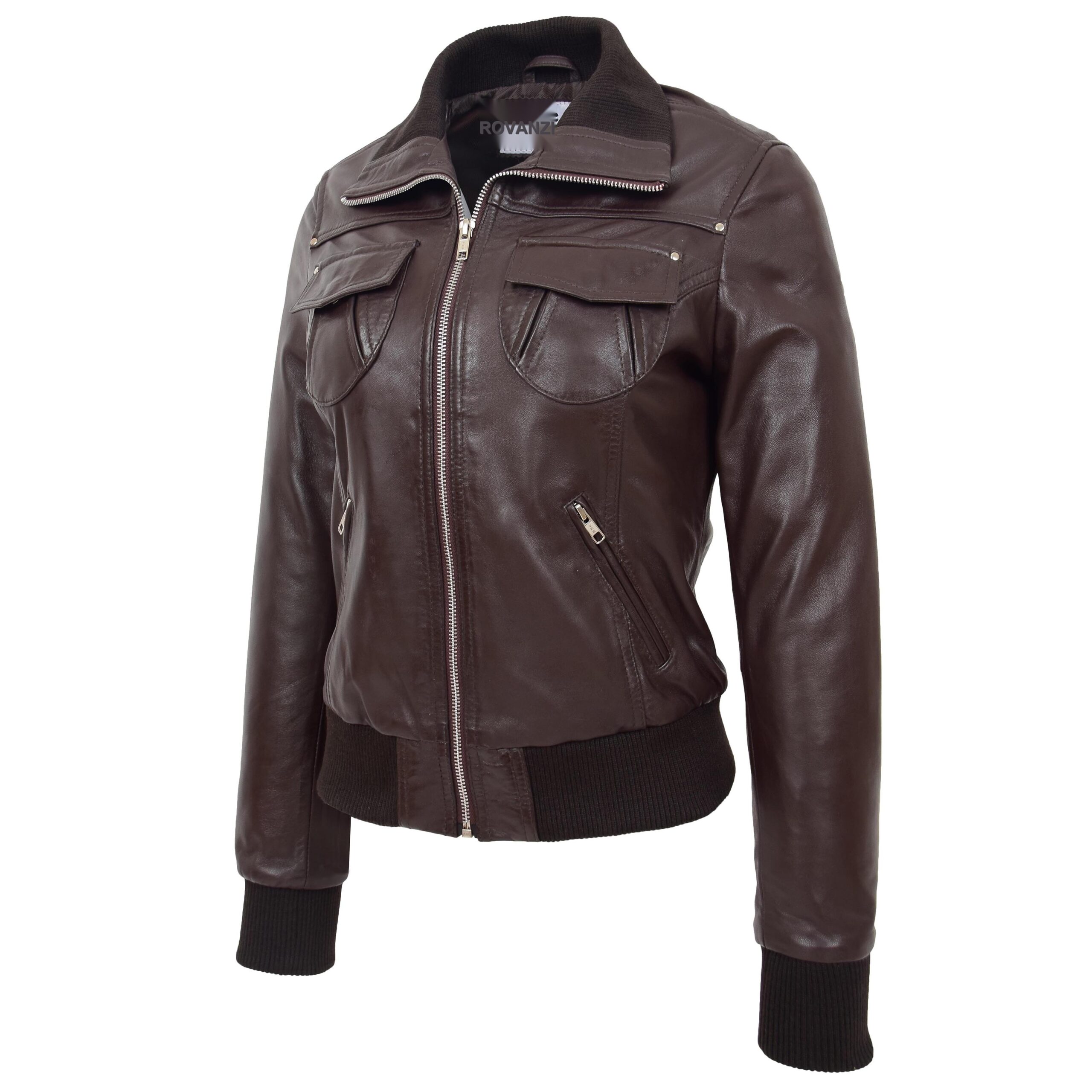 BUNERI Blouson Aviateur Classique en Cuir pour Femme Marron – Image 4