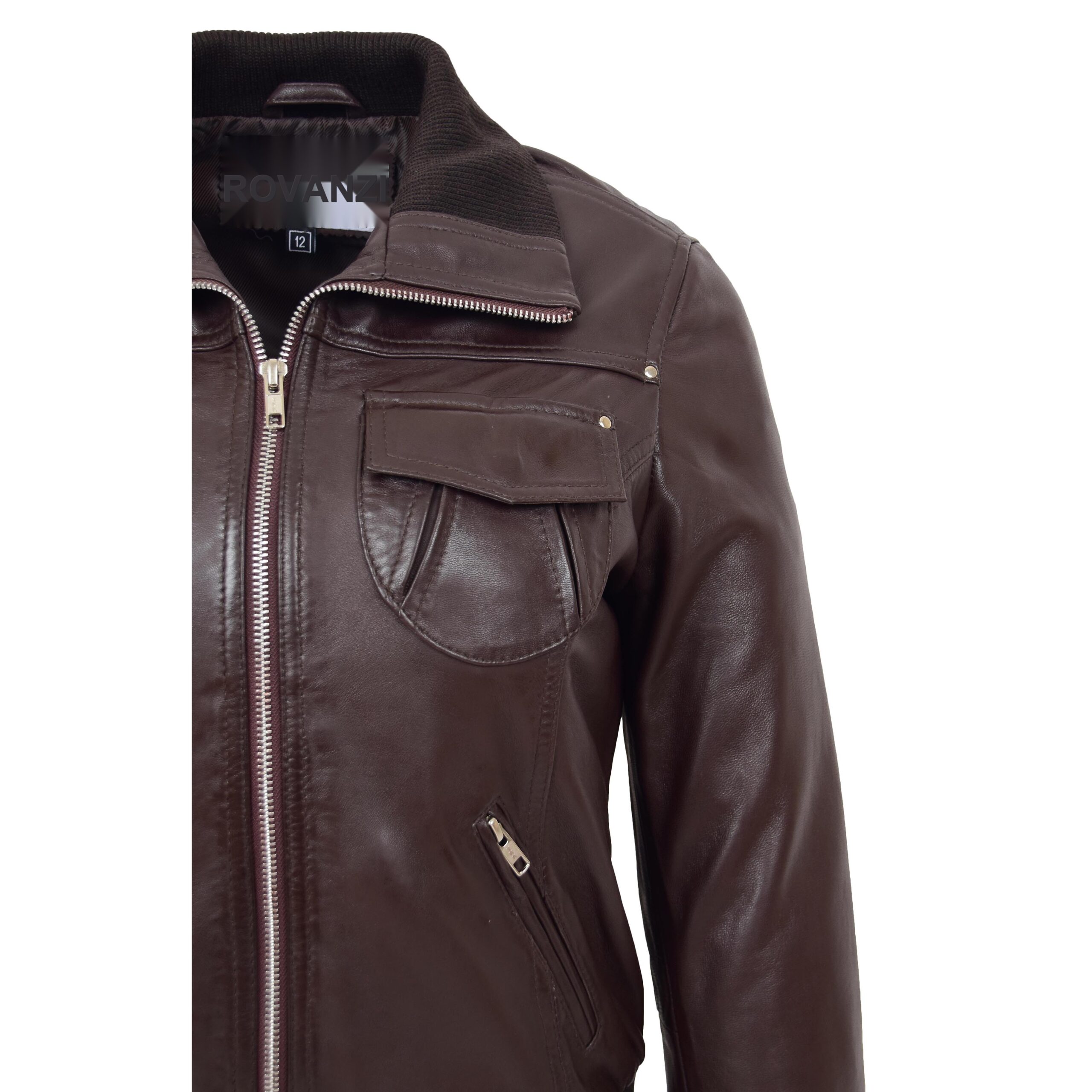 BUNERI Blouson Aviateur Classique en Cuir pour Femme Marron – Image 7