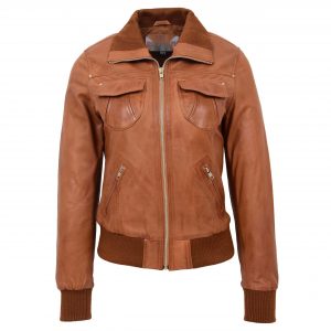 BUNERI Blouson Aviateur Classique en Cuir pour Femme Tan