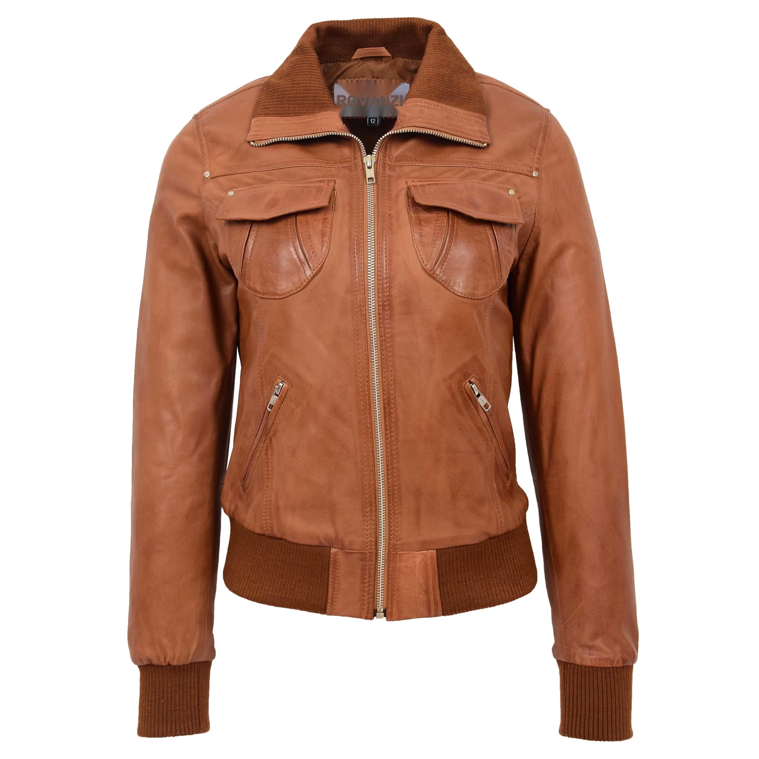 BUNERI Blouson Aviateur Classique en Cuir pour Femme Tan