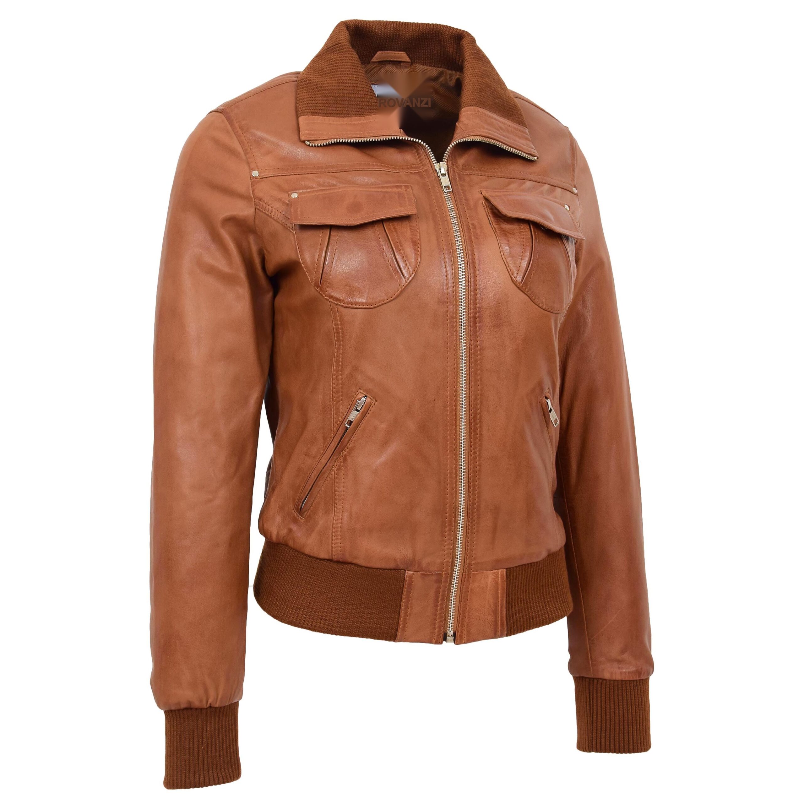 BUNERI Blouson Aviateur Classique en Cuir pour Femme Tan – Image 3