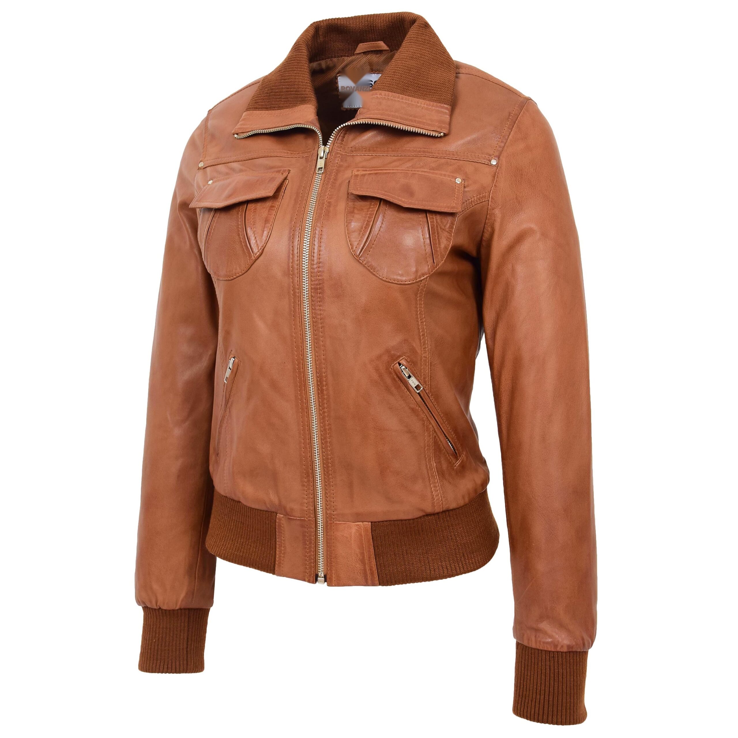 BUNERI Blouson Aviateur Classique en Cuir pour Femme Tan – Image 4