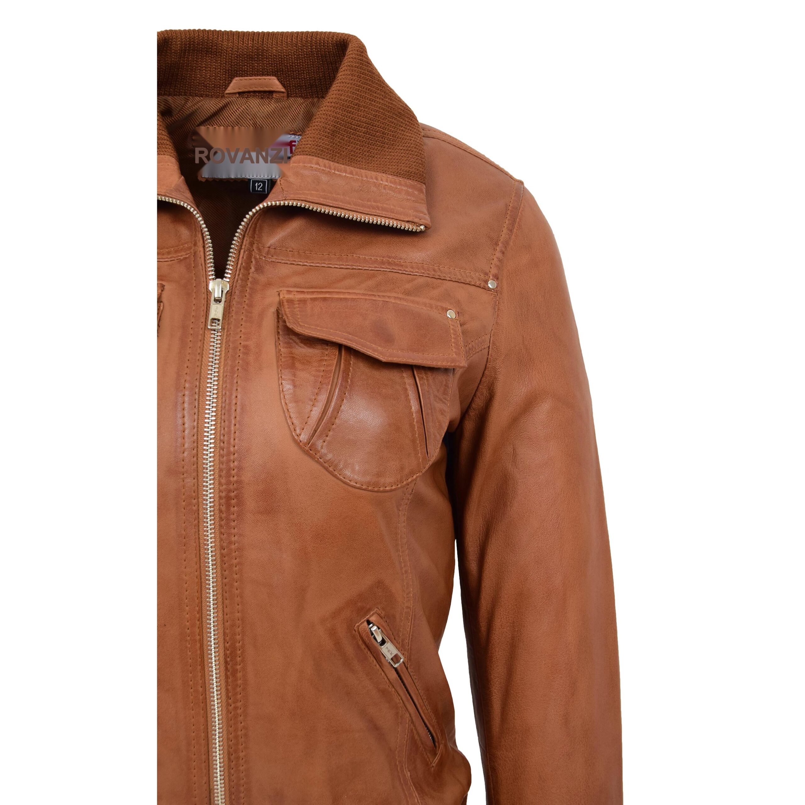 BUNERI Blouson Aviateur Classique en Cuir pour Femme Tan – Image 7