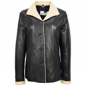 BUNERI Veste Femme Cuir Classique Boutonnee Box Noir Beige