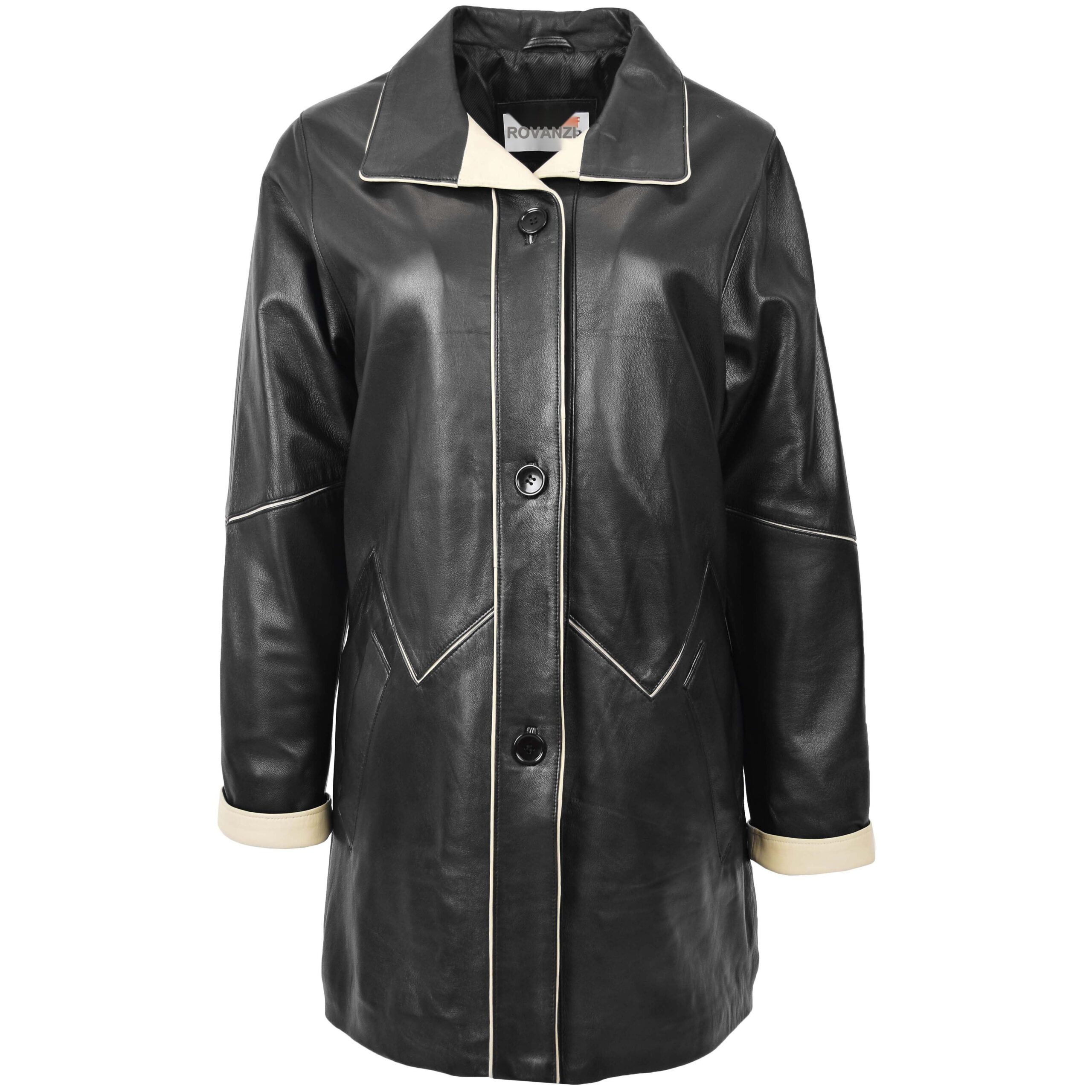 BUNERI Manteau Femme Cuir 3/4 Style Classique Noir Beige