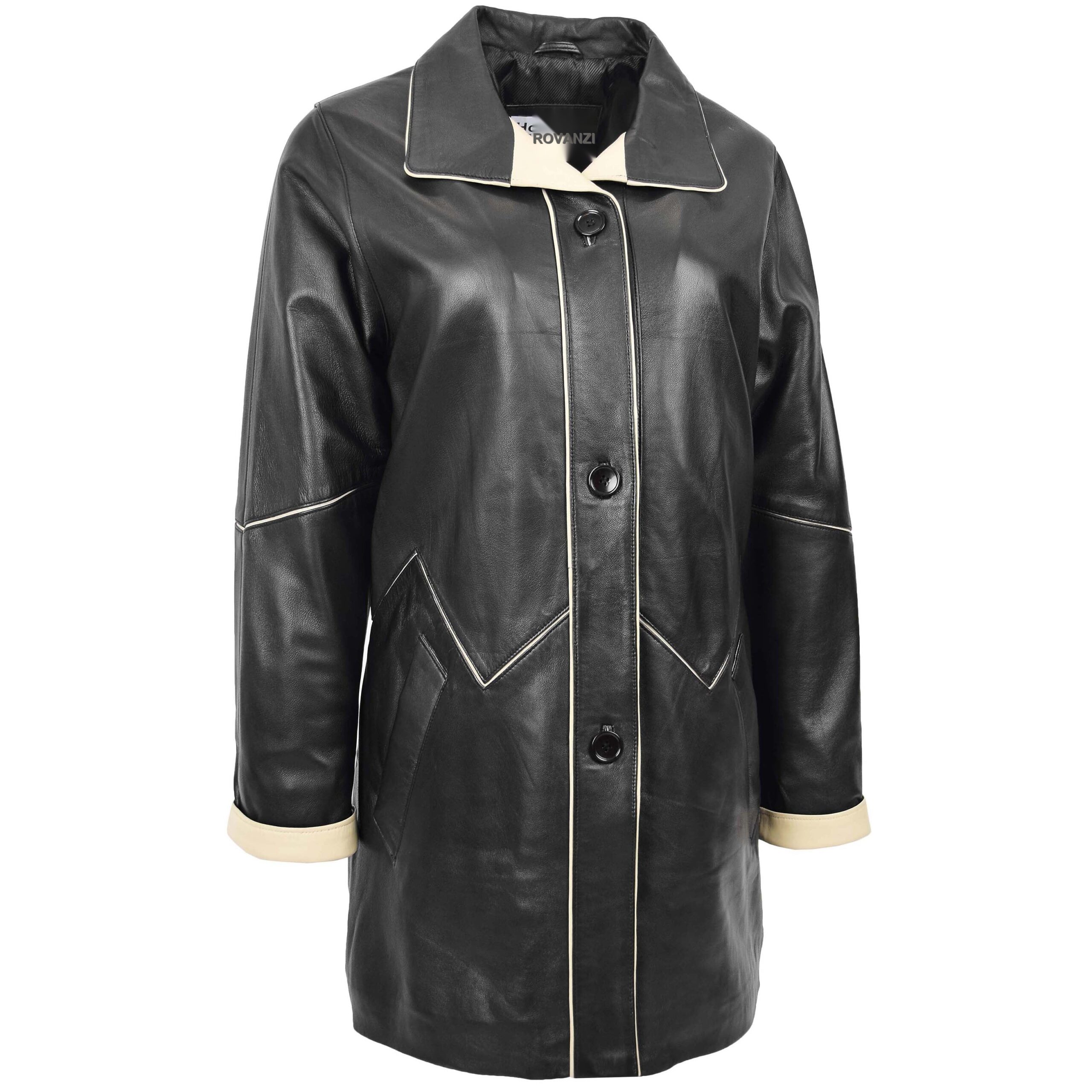 BUNERI Manteau Femme Cuir 3/4 Style Classique Noir Beige – Image 3