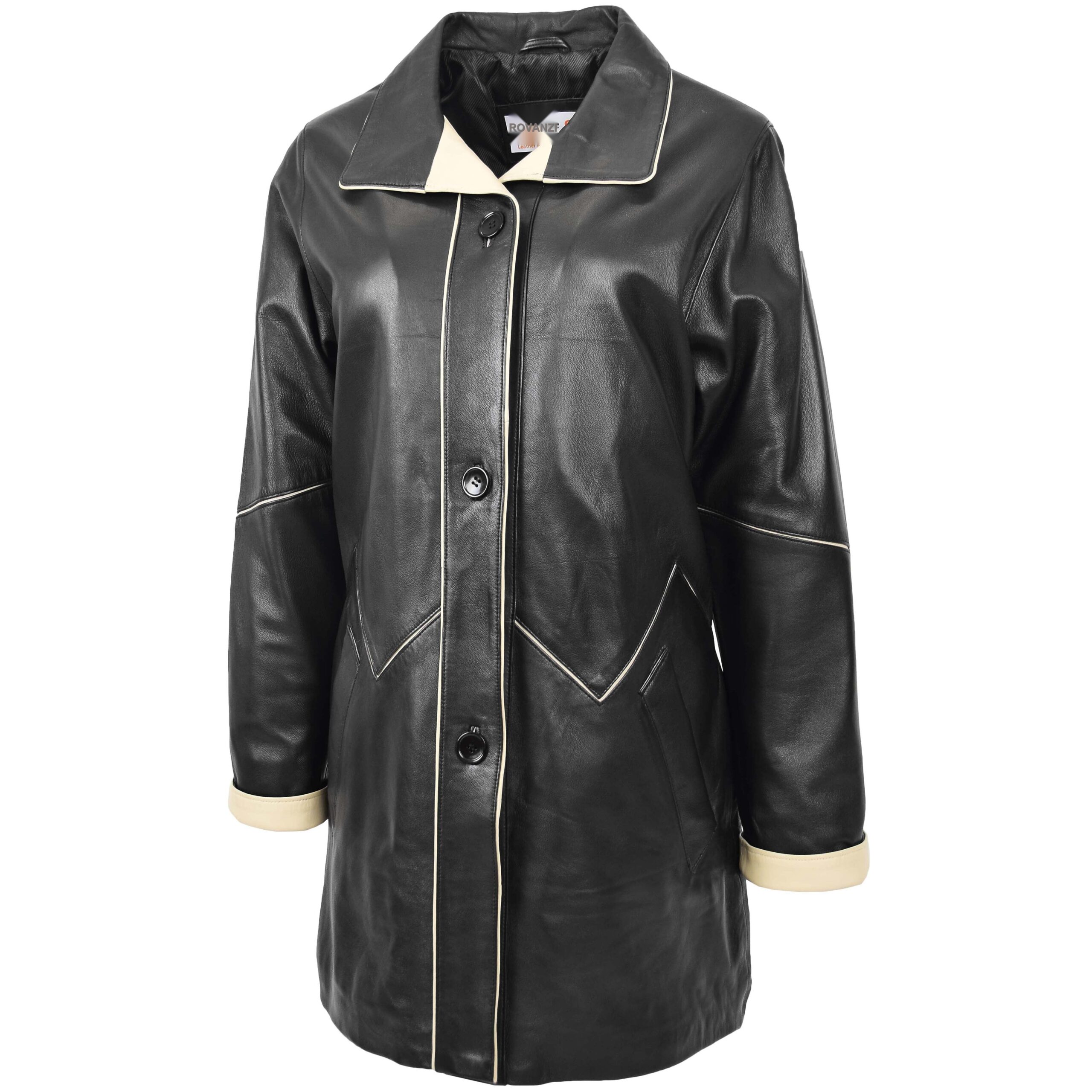 BUNERI Manteau Femme Cuir 3/4 Style Classique Noir Beige – Image 4