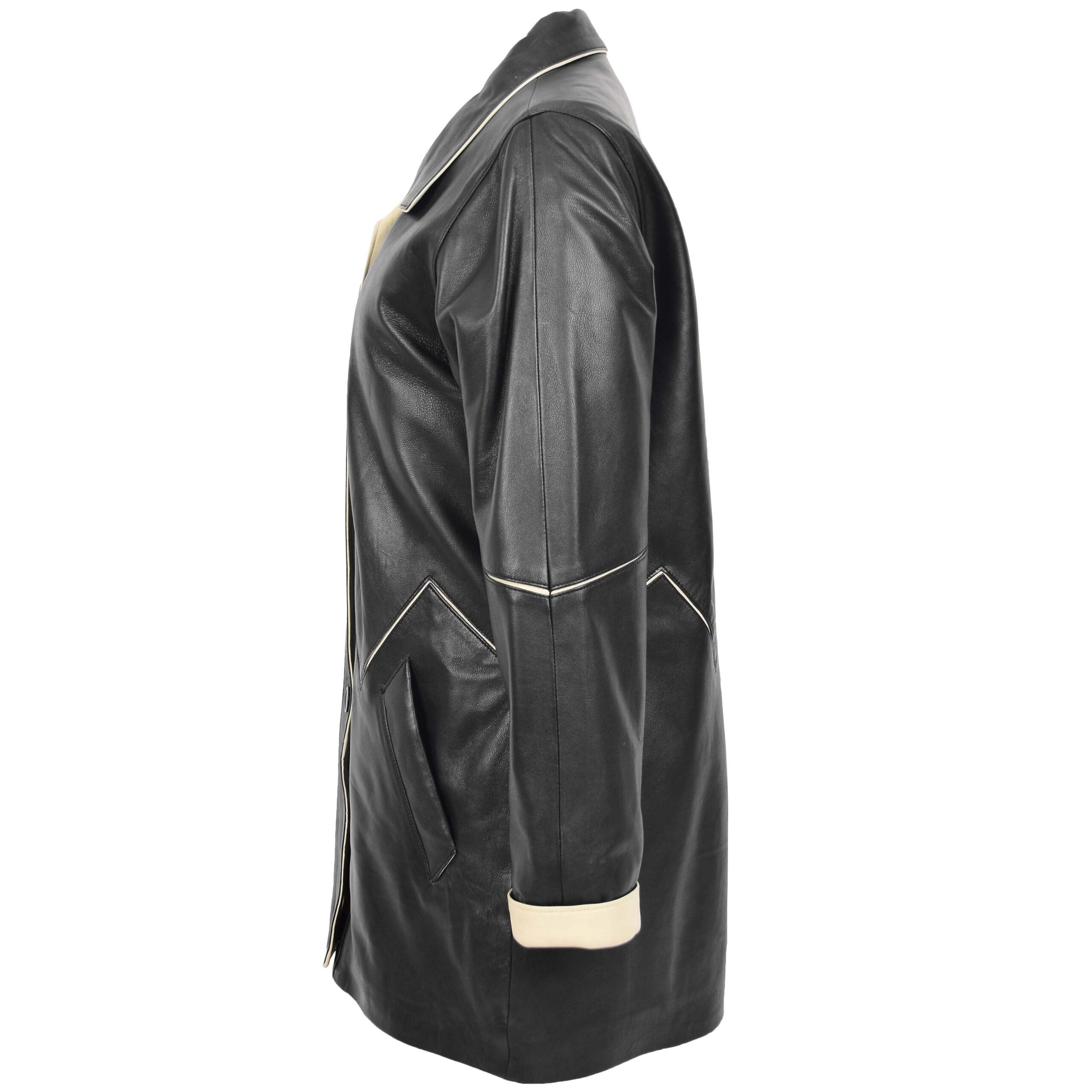 BUNERI Manteau Femme Cuir 3/4 Style Classique Noir Beige – Image 5