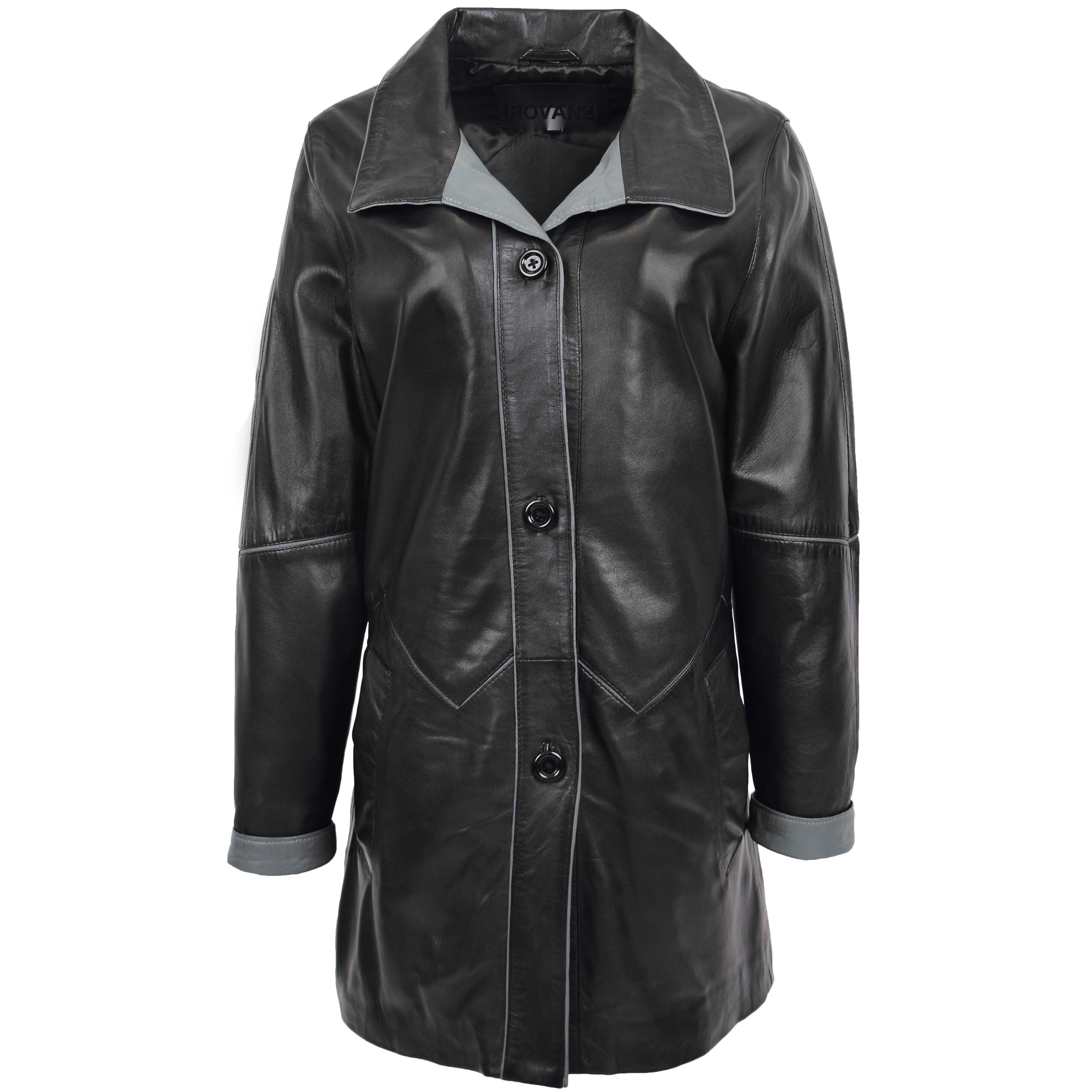 BUNERI Cuir Margaret Noir-Gris 3/4 Longueur Style Classique