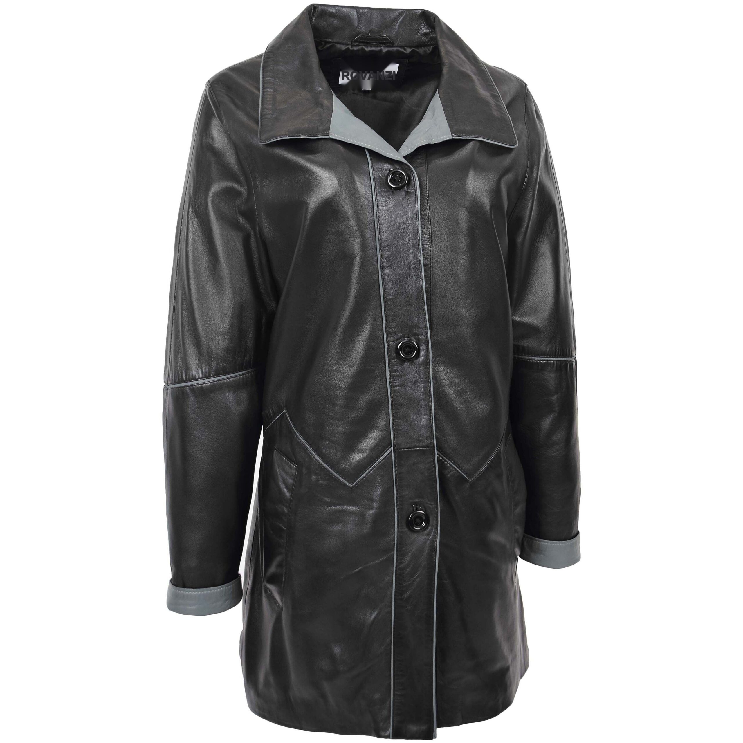 BUNERI Cuir Margaret Noir-Gris 3/4 Longueur Style Classique – Image 3