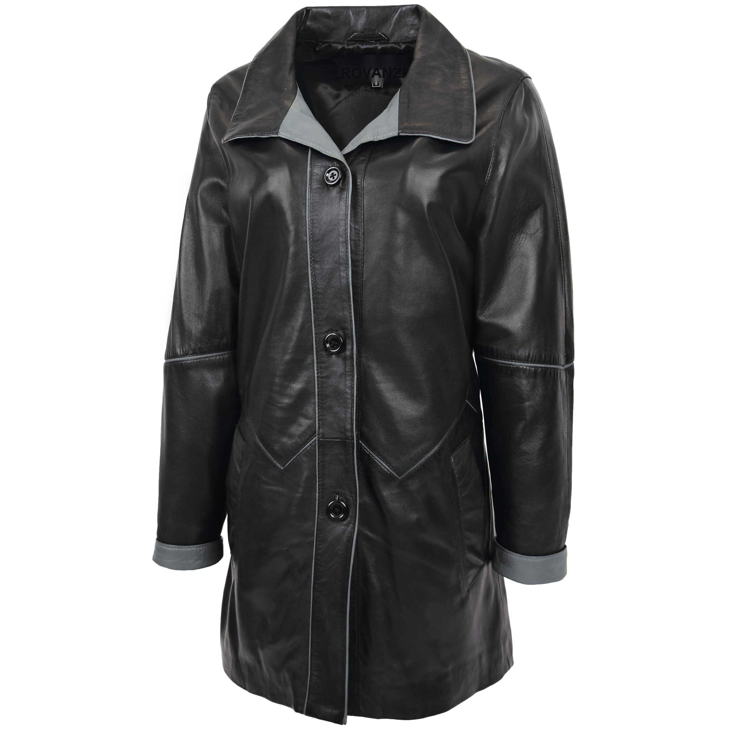 BUNERI Cuir Margaret Noir-Gris 3/4 Longueur Style Classique – Image 4