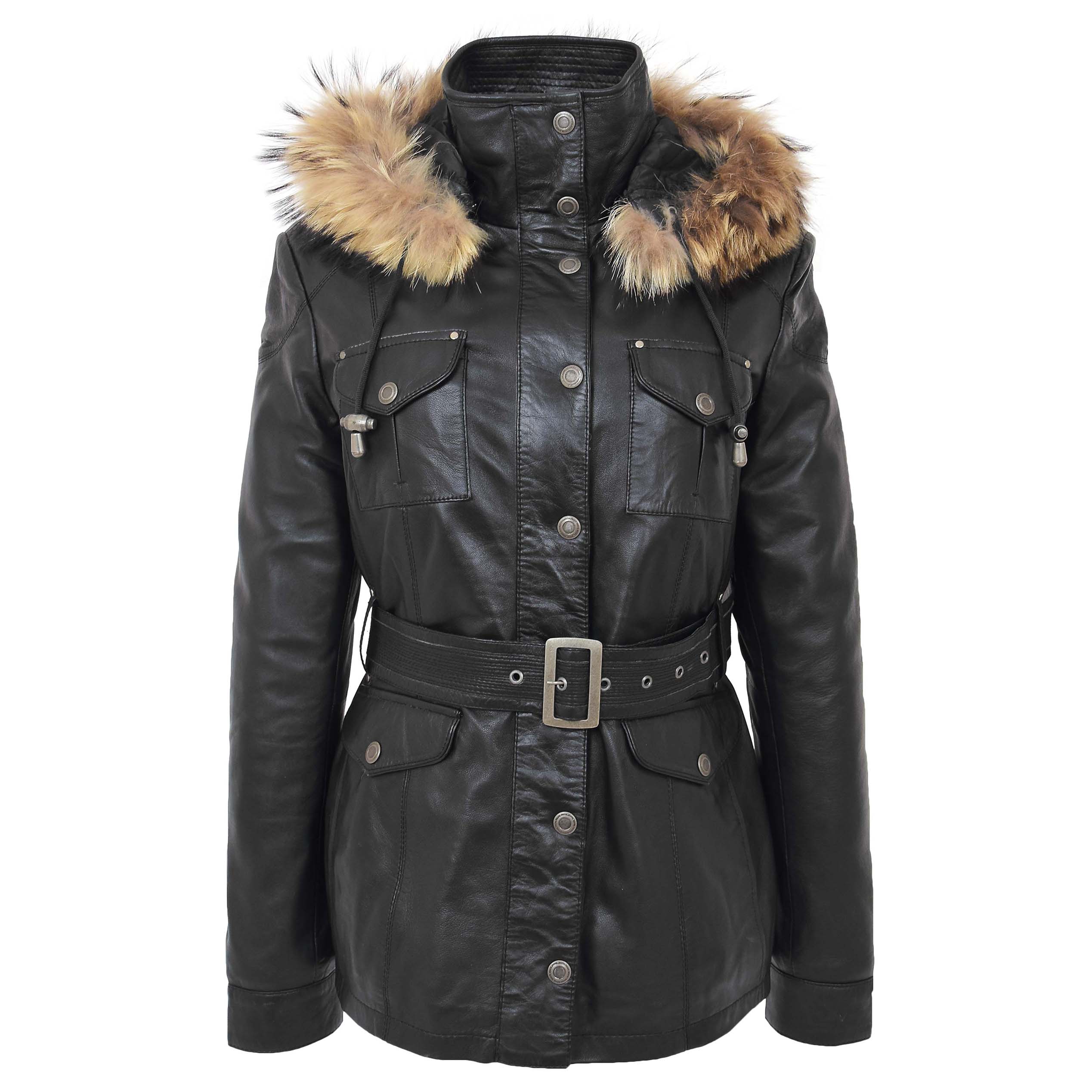 BUNERI Manteau Femme Cuir Capuche Amovible Noir