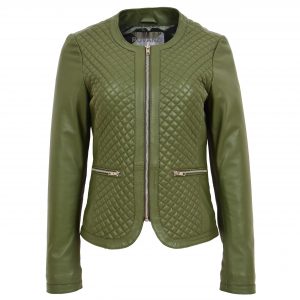BUNERI Veste en Cuir sans Col pour Femme Motif Matelassé Vert Olive