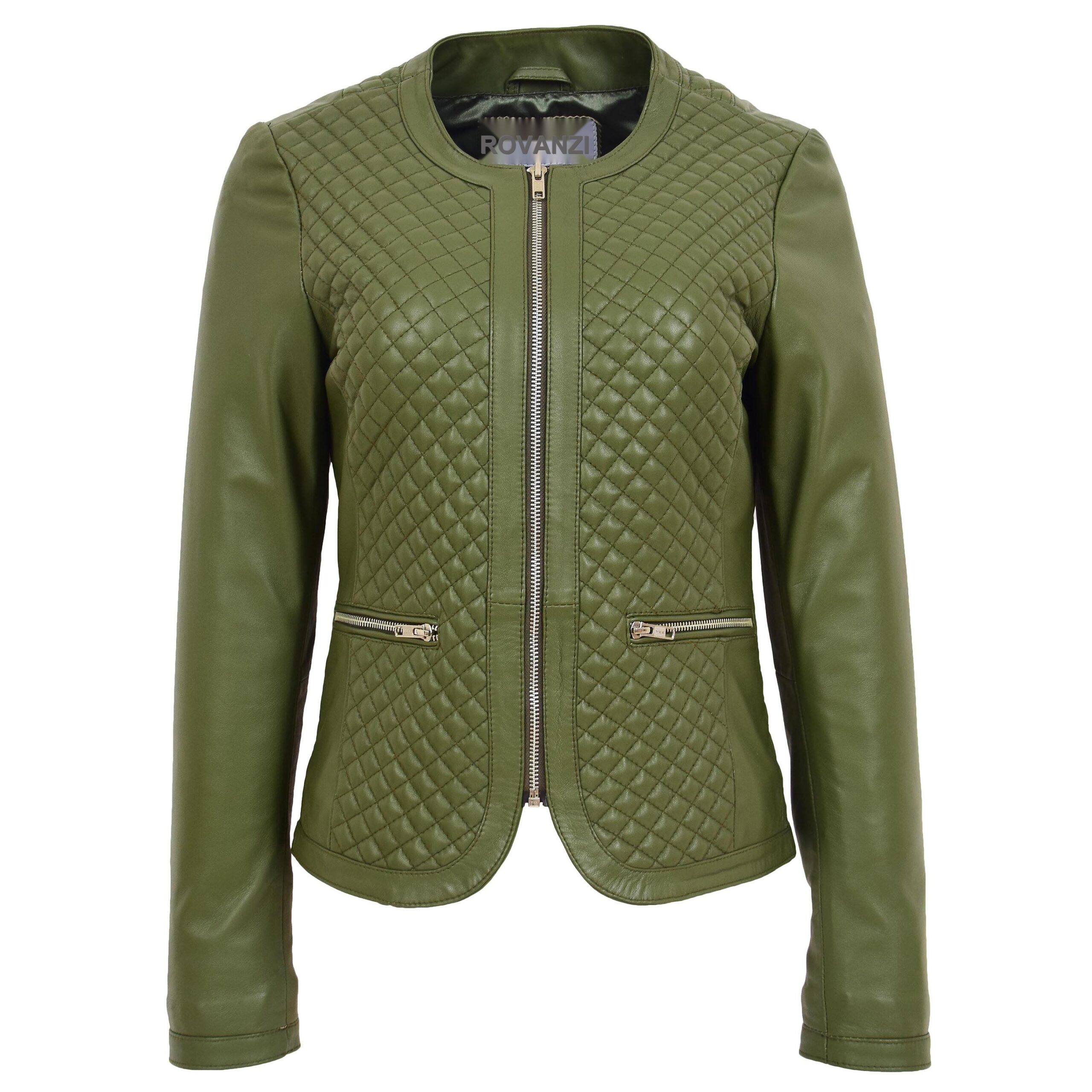 BUNERI Veste en Cuir sans Col pour Femme Motif Matelassé Vert Olive