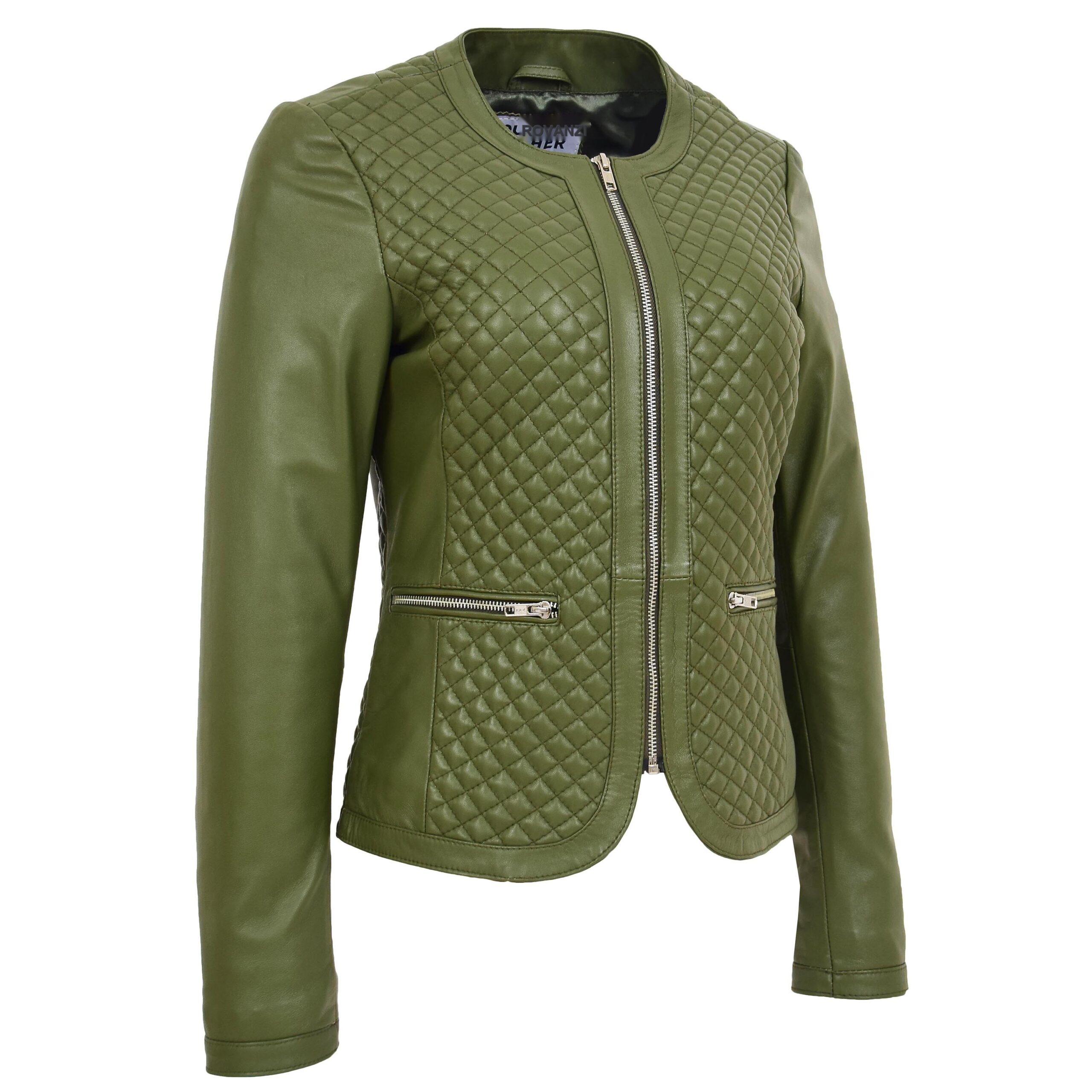 BUNERI Veste en Cuir sans Col pour Femme Motif Matelassé Vert Olive – Image 3